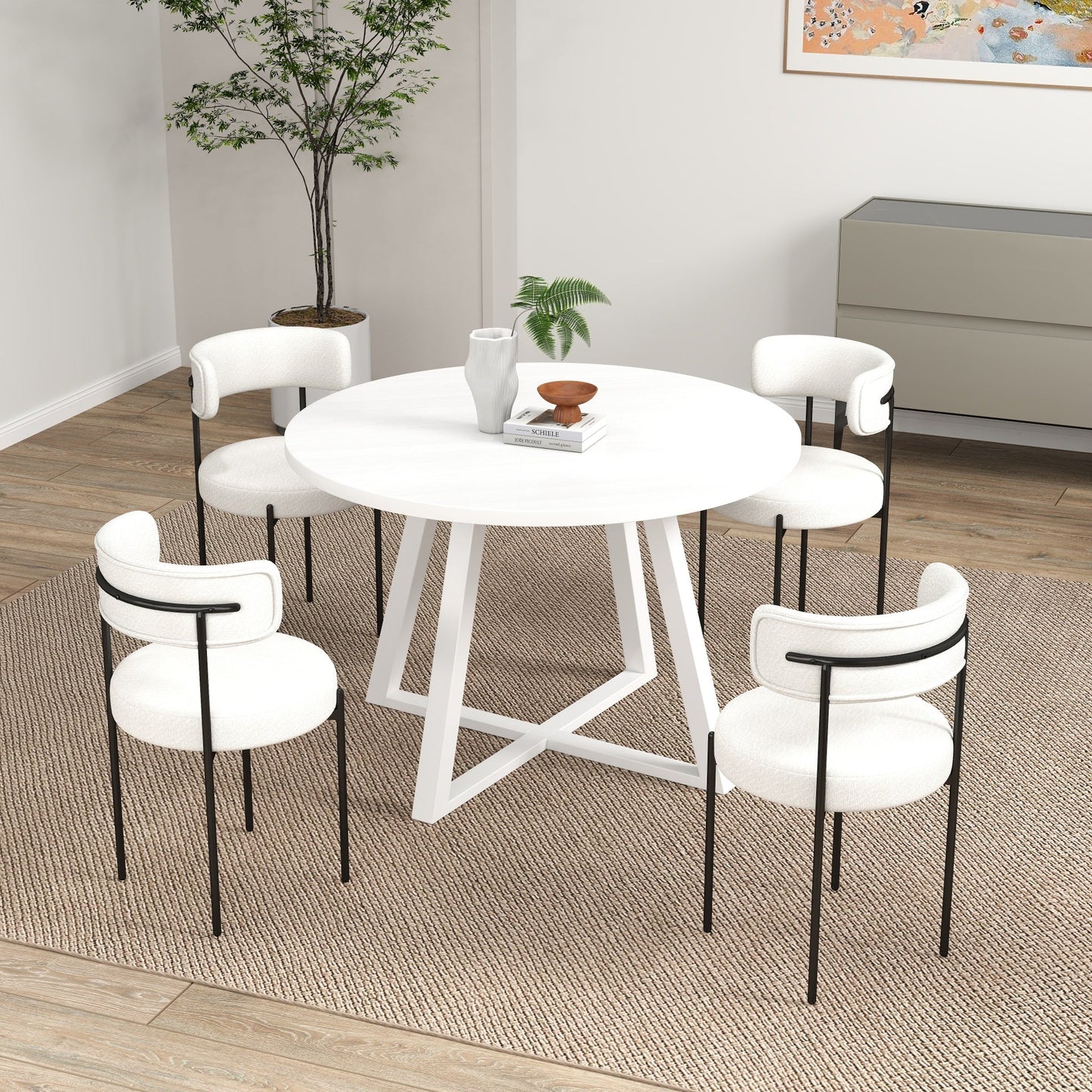 Roundhill Furniture Durban 5-Piece Round Dining Set, Wood Dining Table with 4 Boucle Chairs