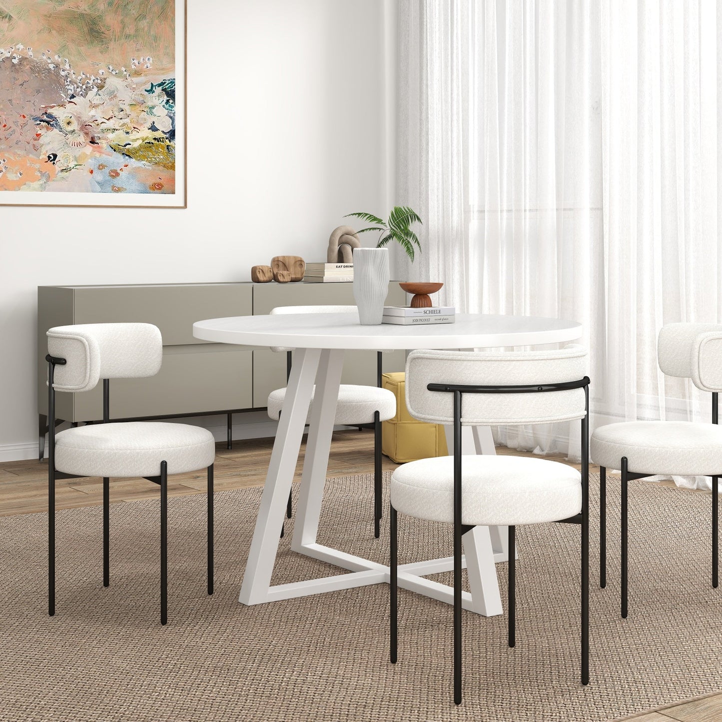 Roundhill Furniture Durban 5-Piece Round Dining Set, Wood Dining Table with 4 Boucle Chairs