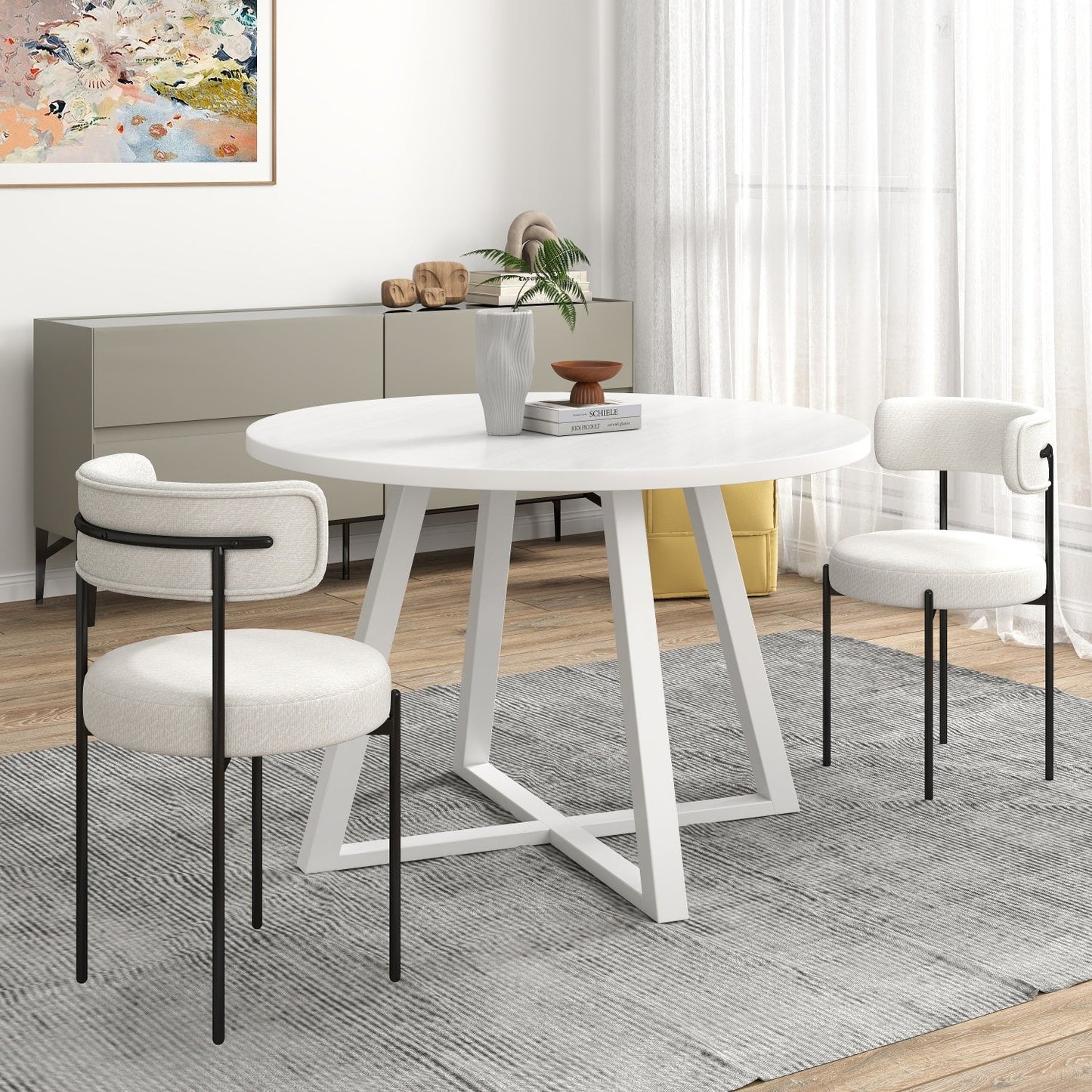 Durban 5-Piece Round Dining Set, Trestle Dining Table with 4 Boucle Chairs