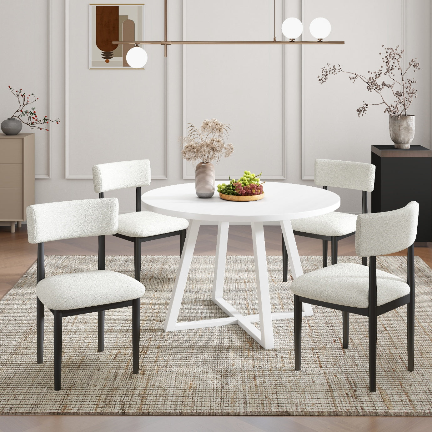 Roundhill Furniture Edo 5-Piece Dining Set, Round Trestle Table and 4 Upholstered Chairs