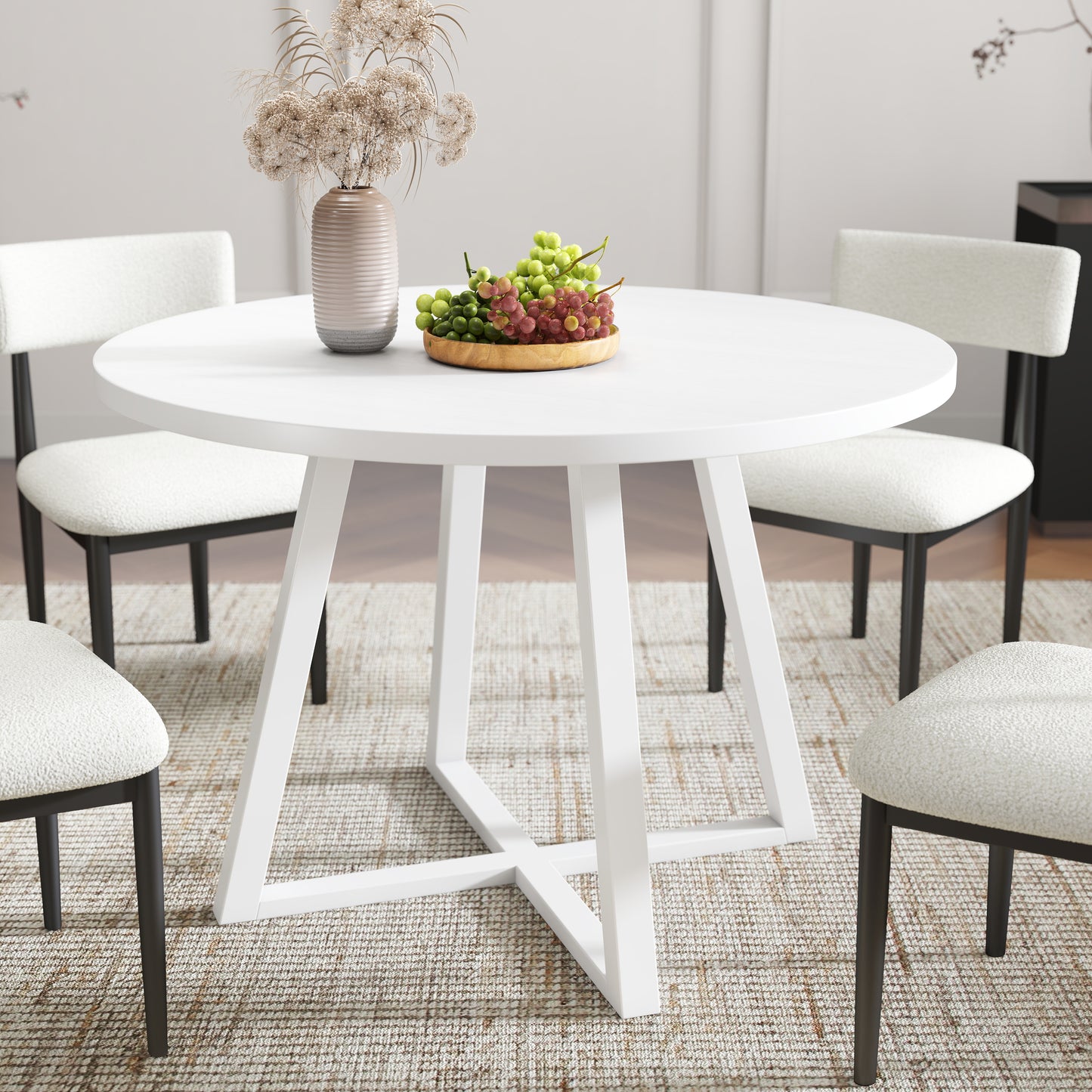Roundhill Furniture Edo 5-Piece Dining Set, Round Trestle Table and 4 Upholstered Chairs