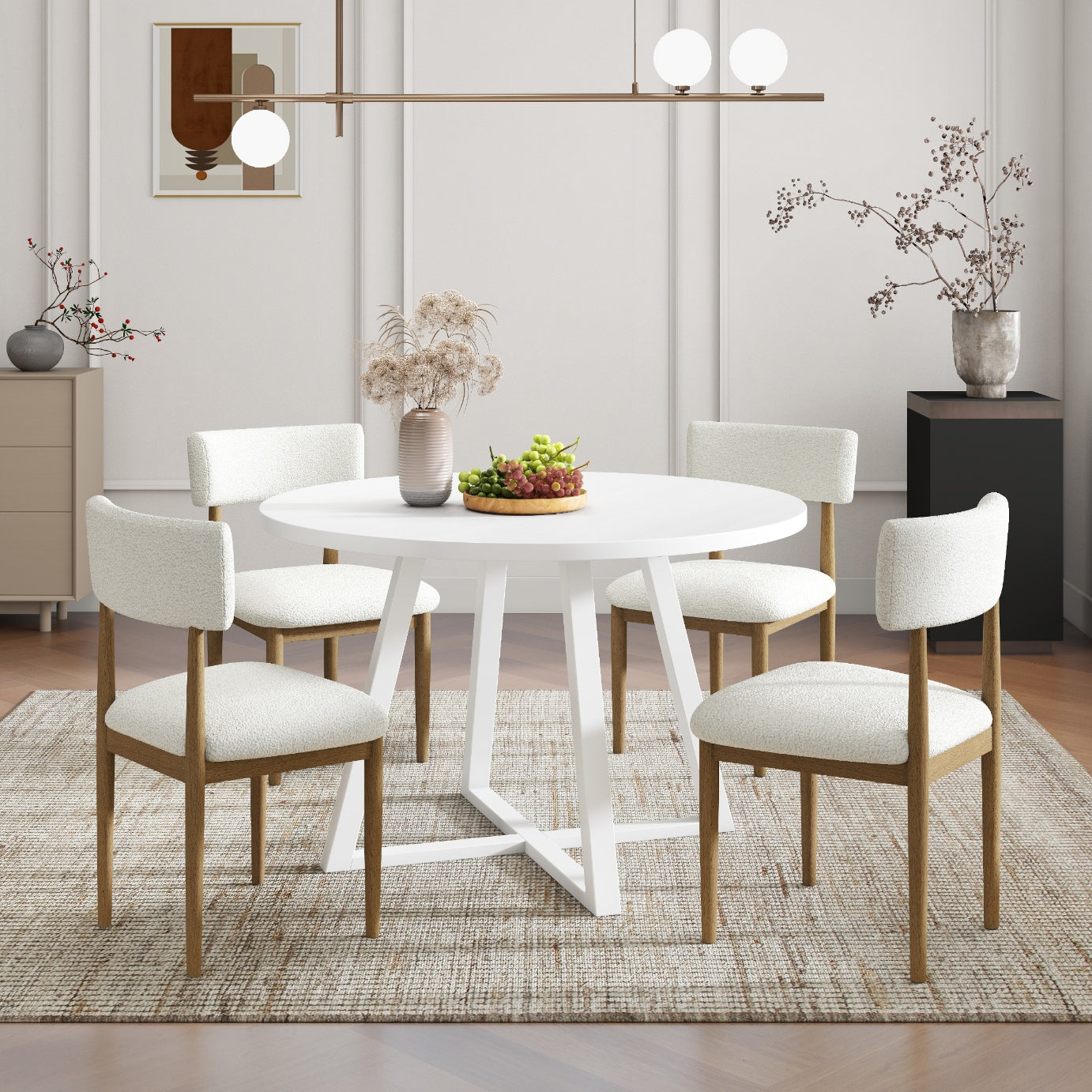 Roundhill Furniture Edo 5-Piece Dining Set, Round Trestle Table and 4 Upholstered Chairs