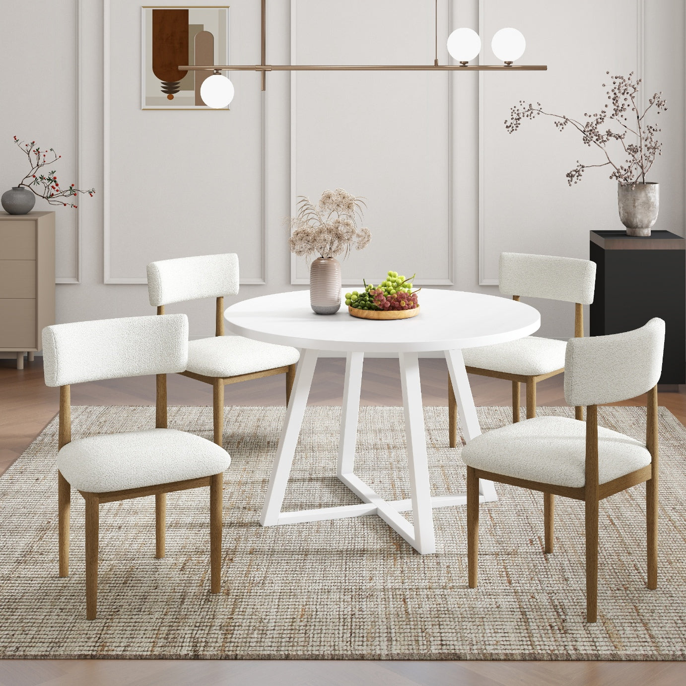 Roundhill Furniture Edo 5-Piece Dining Set, Round Trestle Table and 4 Upholstered Chairs
