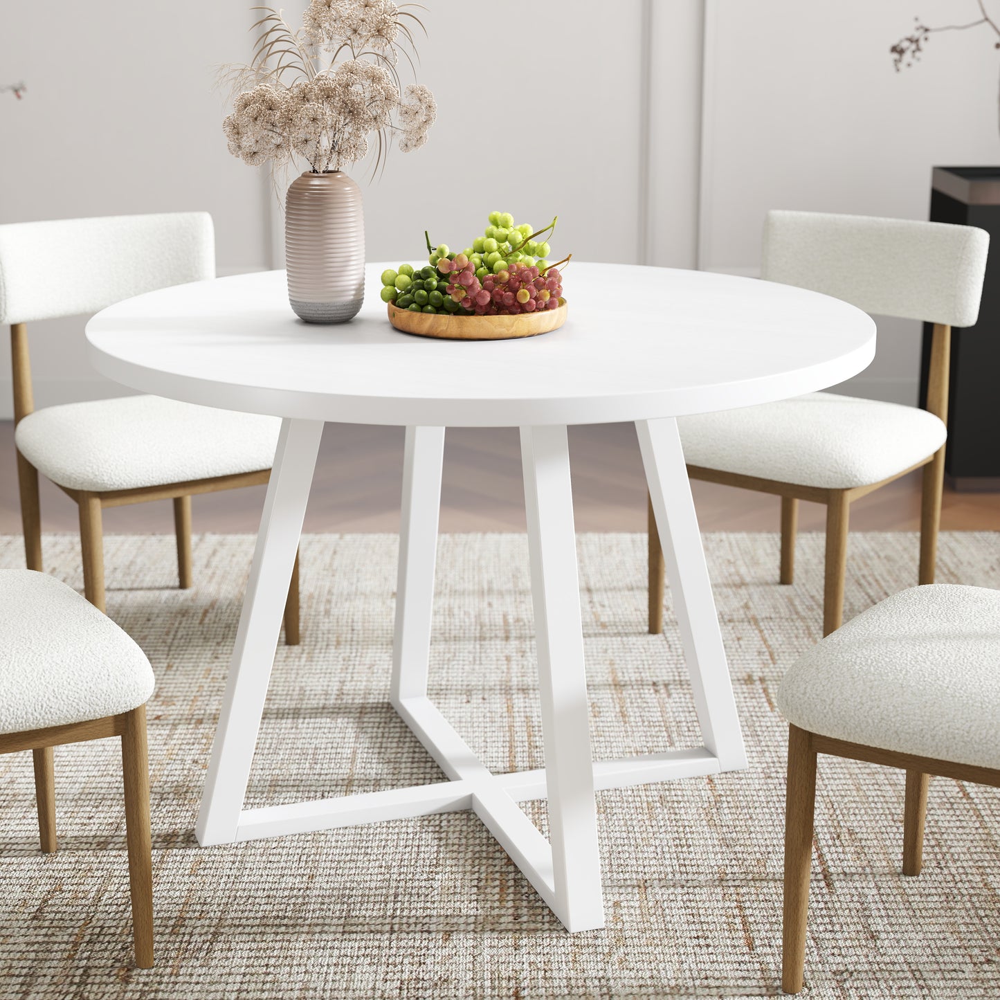 Roundhill Furniture Edo 5-Piece Dining Set, Round Trestle Table and 4 Upholstered Chairs