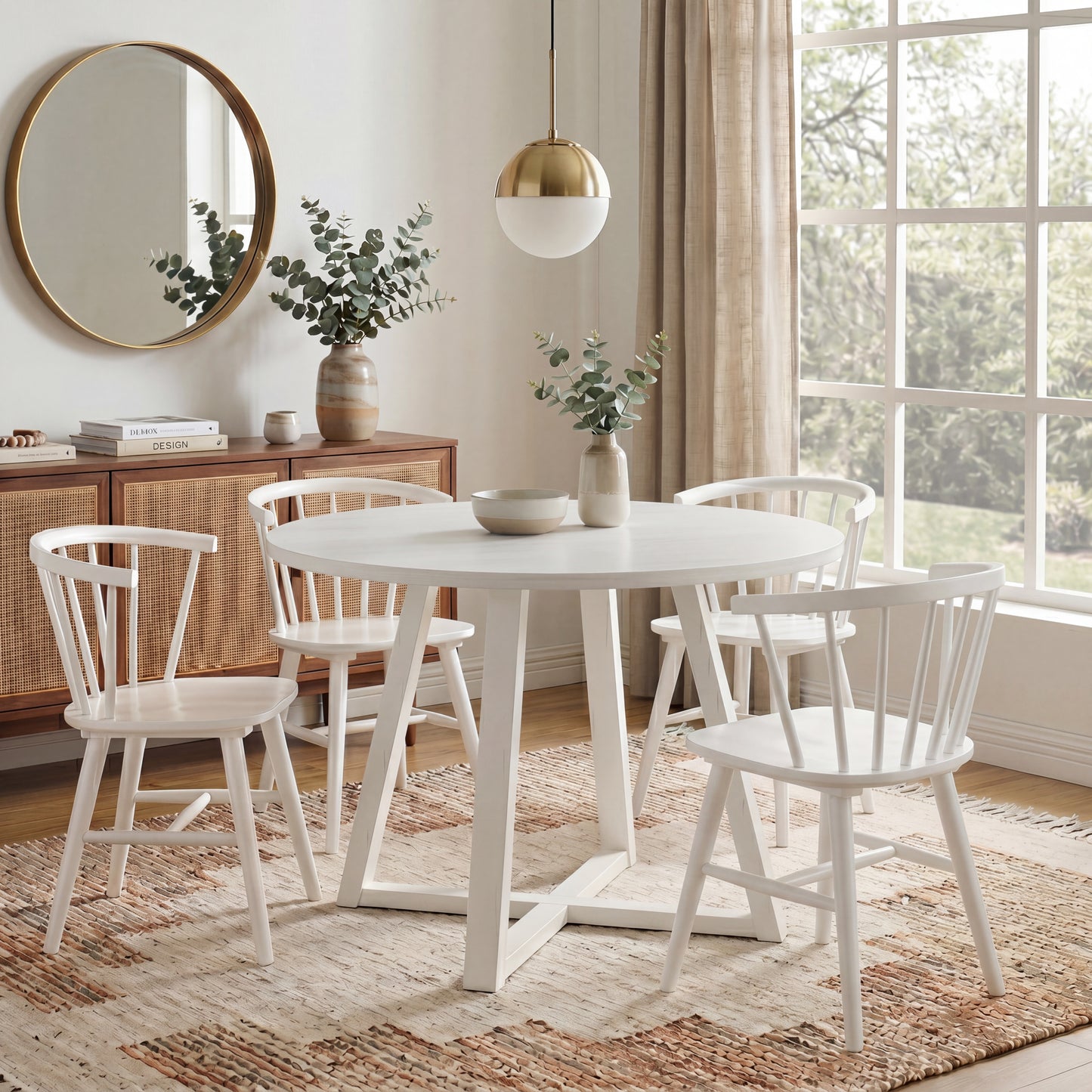Edo White Wood 5-Piece Dining Set, Trestle Dining Table with 4 Windsor Chairs
