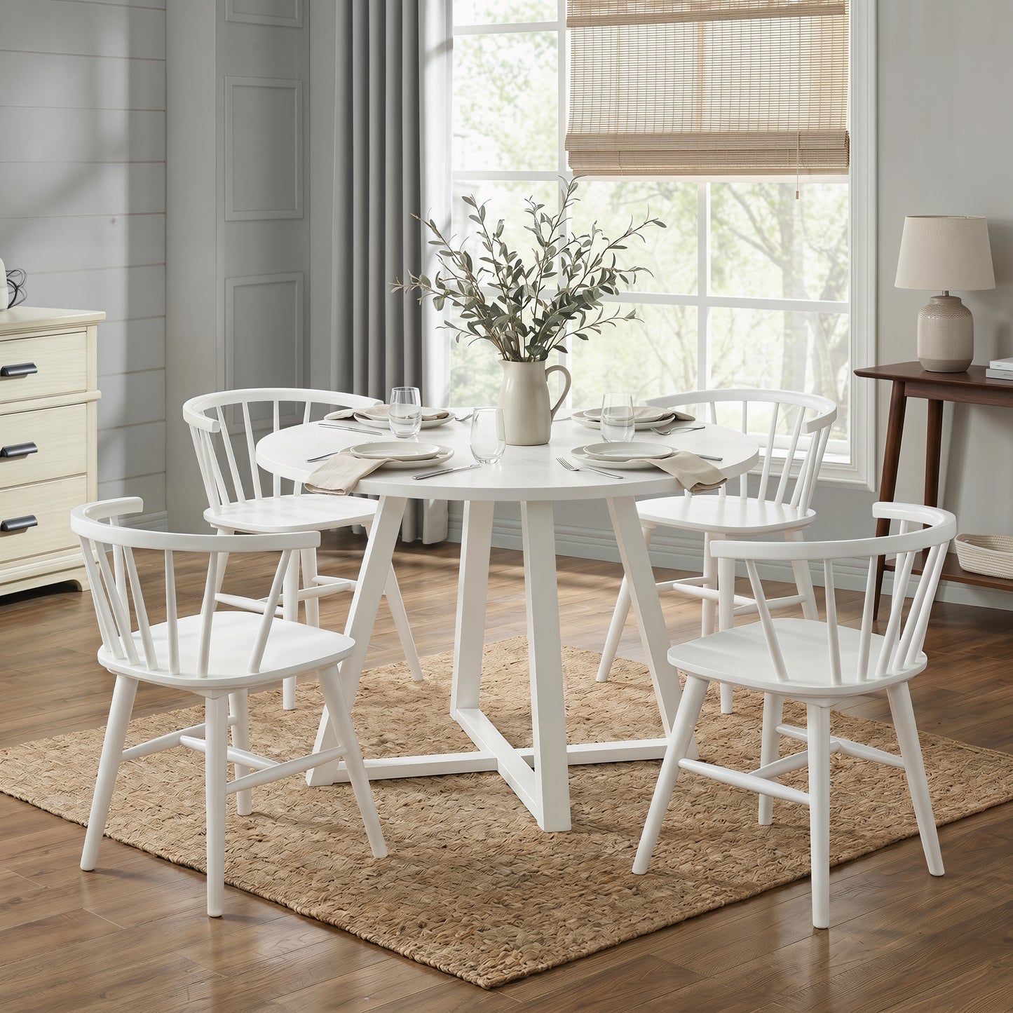 Edo White Wood 5-Piece Dining Set, Trestle Dining Table with 4 Windsor Chairs