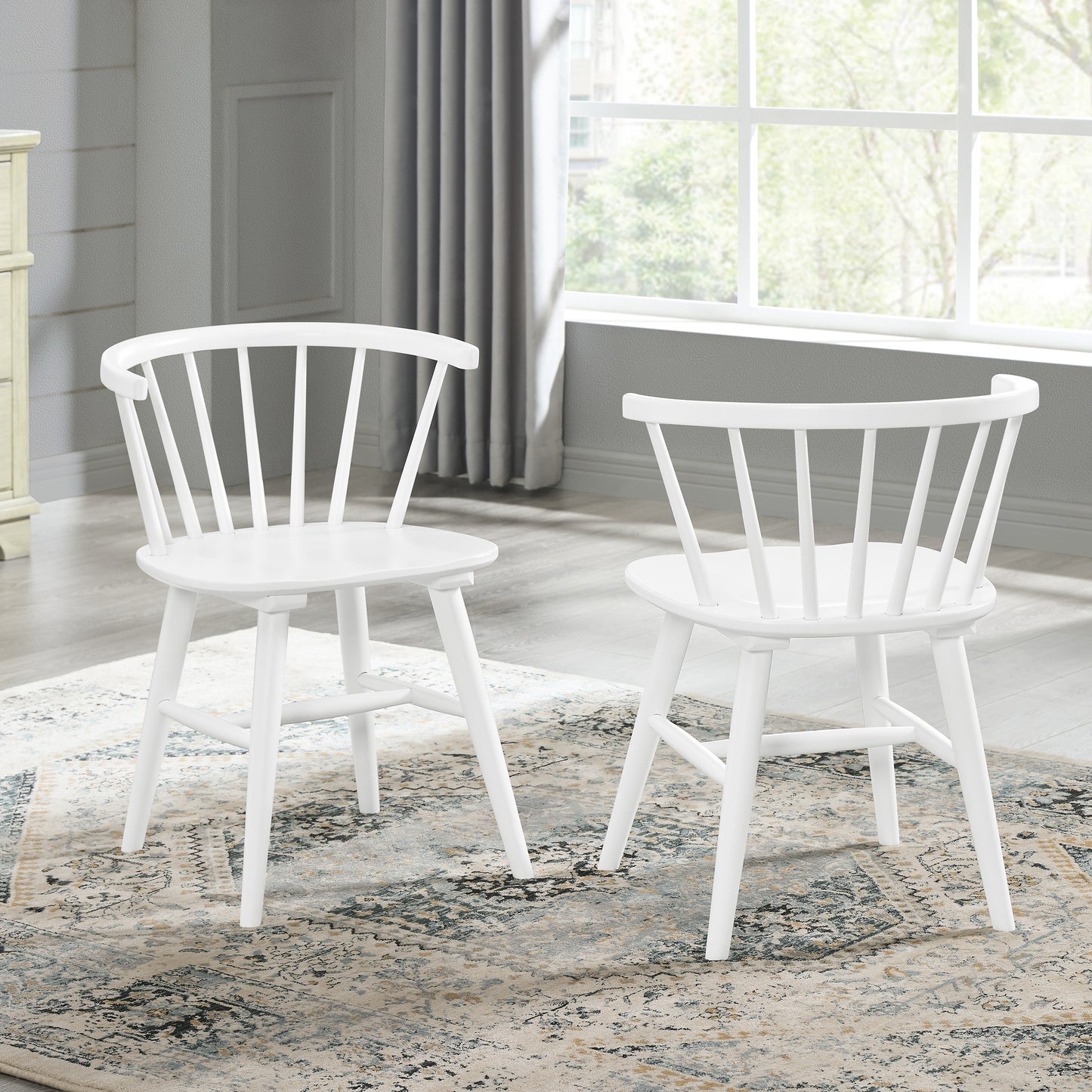 Edo White Wood 5-Piece Dining Set, Trestle Dining Table with 4 Windsor Chairs