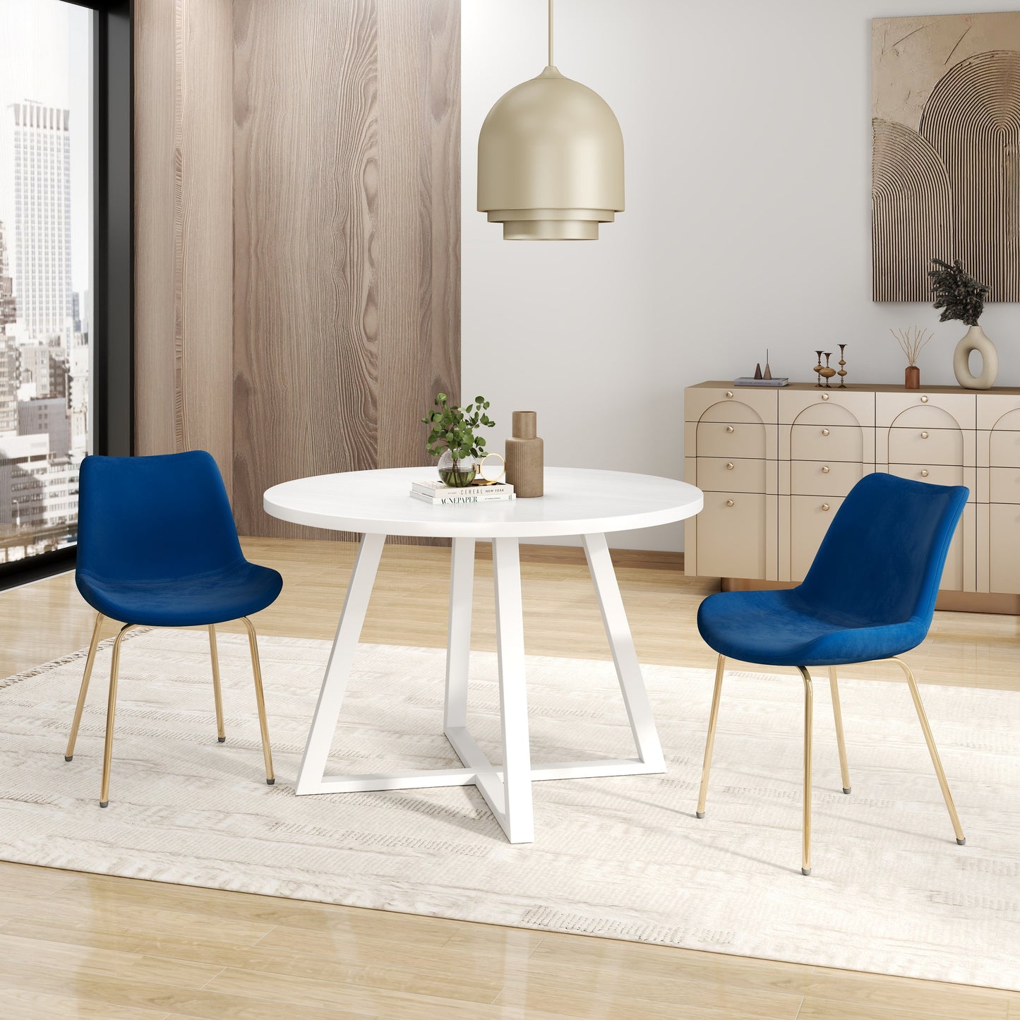 Roundhill Furniture Avant Round Dining Set, Trestle Dining Table with 2 Side Chairs, 3-Piece