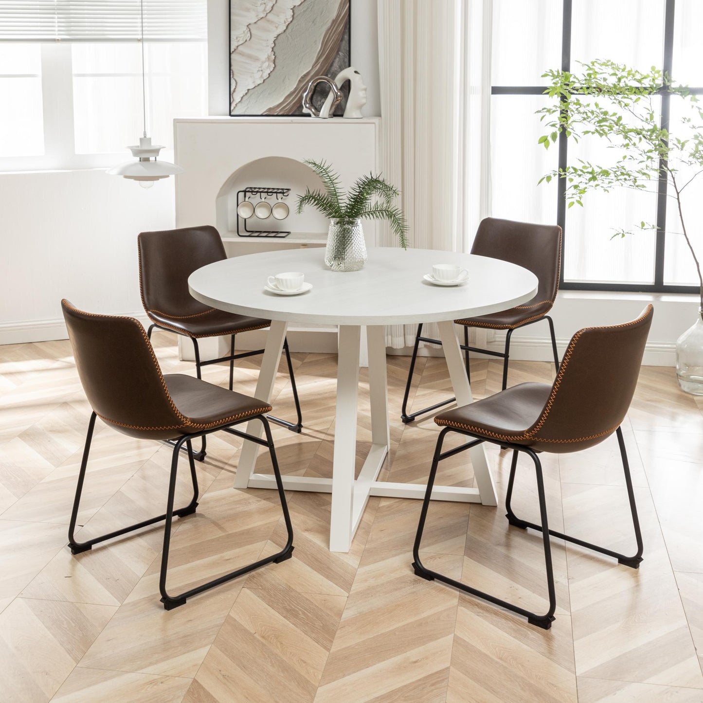 Varna 5-Piece Round Dining Set, Trestle Dining Table with 4 Stylish Chairs