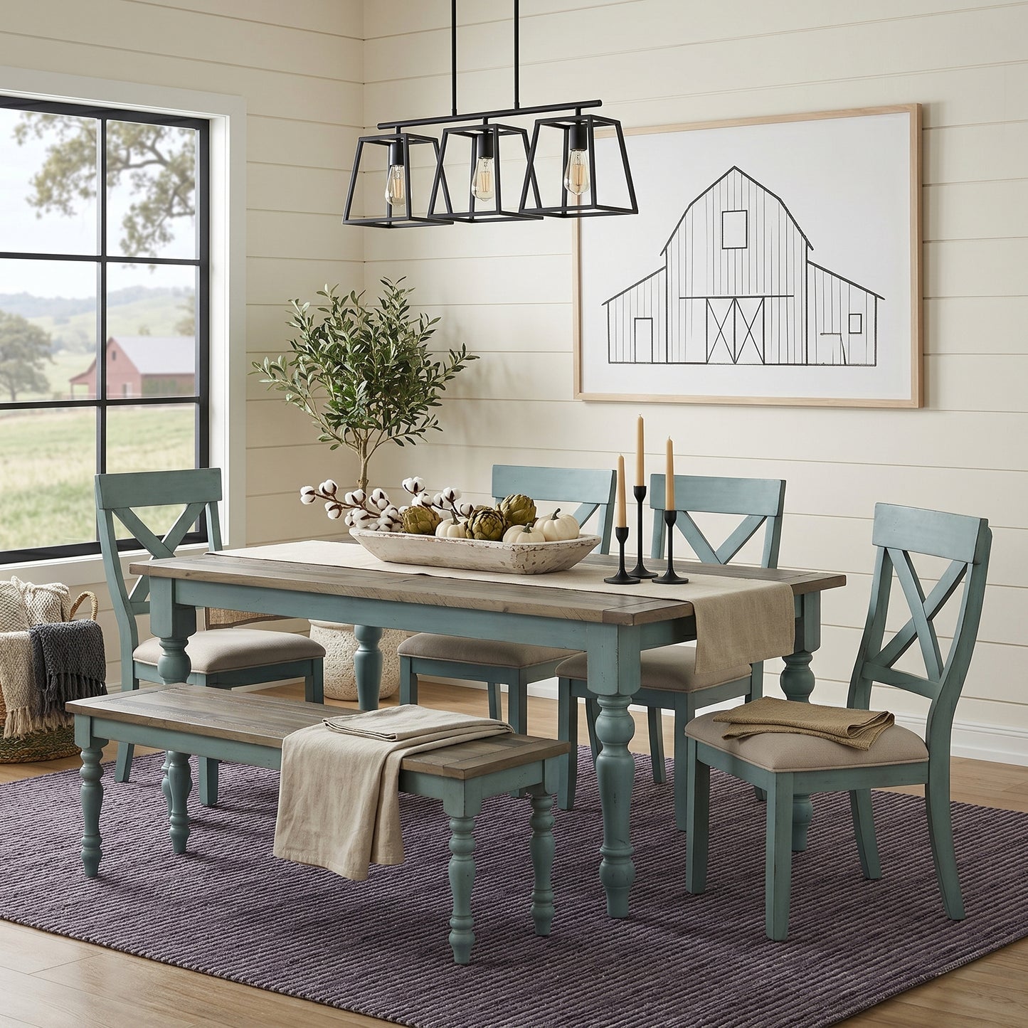 Prato 6-Piece Dining Table Set with Cross Back Chairs and Dining Bench