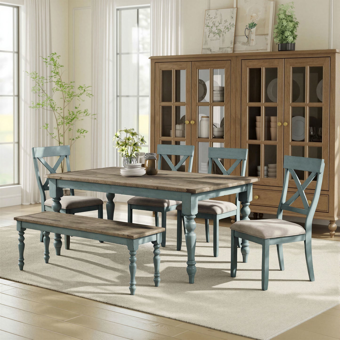 Prato 6-Piece Dining Table Set with Cross Back Chairs and Dining Bench