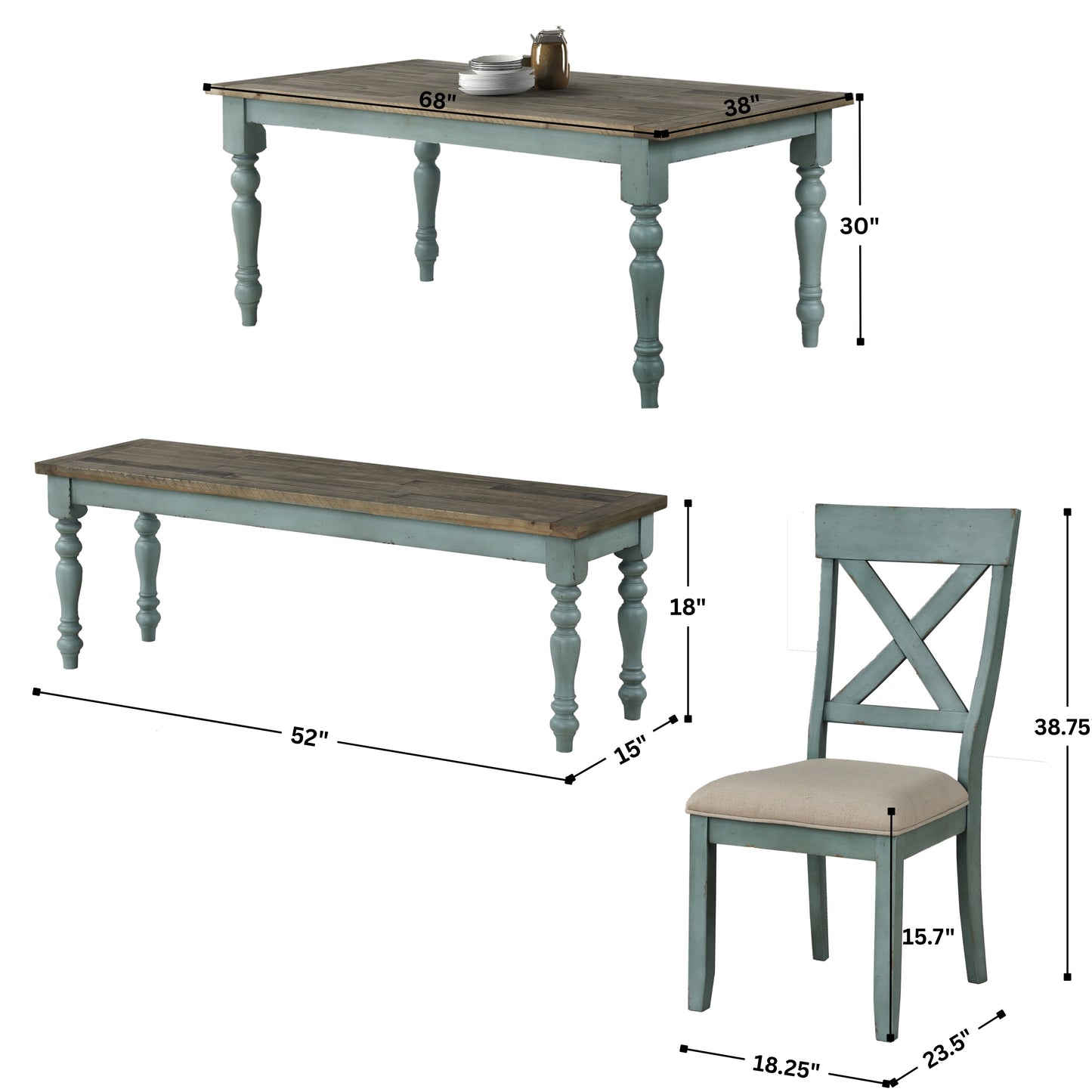 Prato 6-Piece Dining Table Set with Cross Back Chairs and Dining Bench