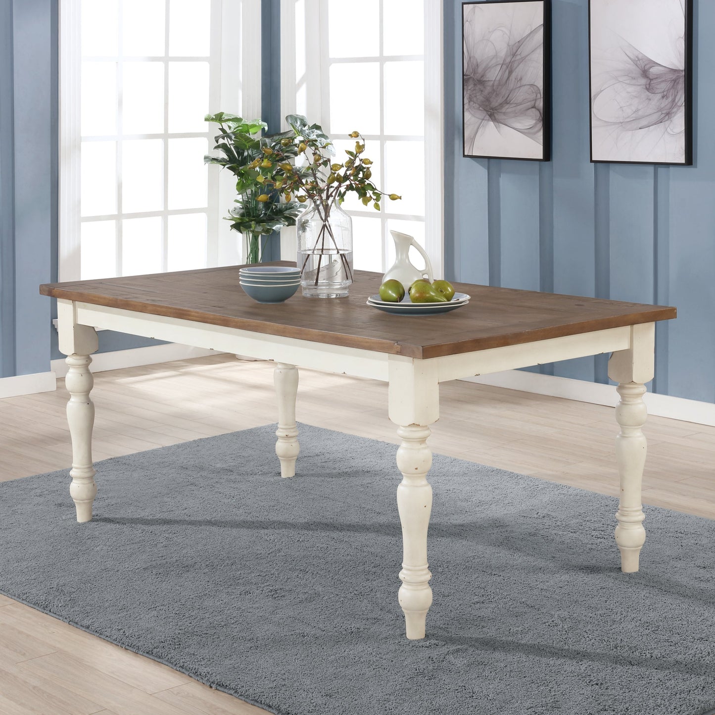 Prato 7-piece Dining Table Set With Cross Back Chairs, Antique White and Distressed Oak