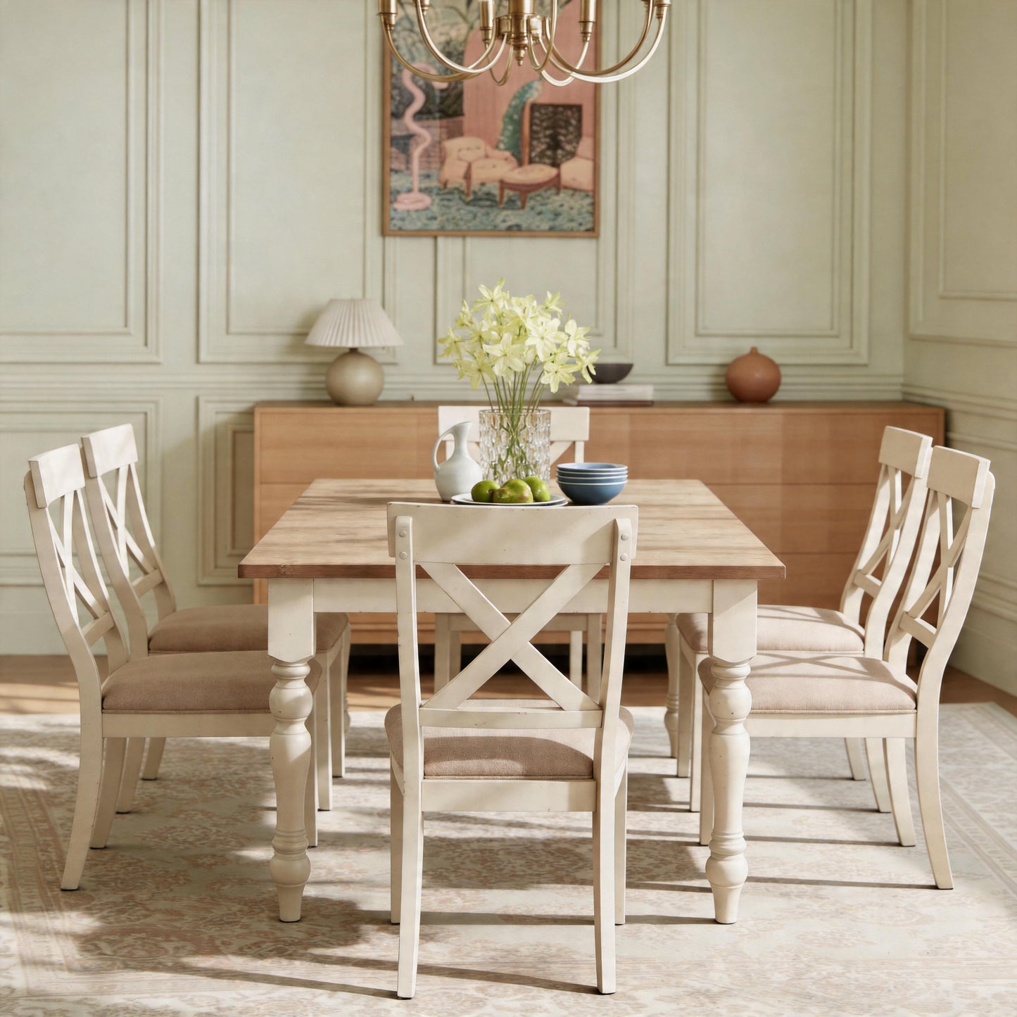Prato 7-piece Dining Table Set With Cross Back Chairs, Antique White and Distressed Oak