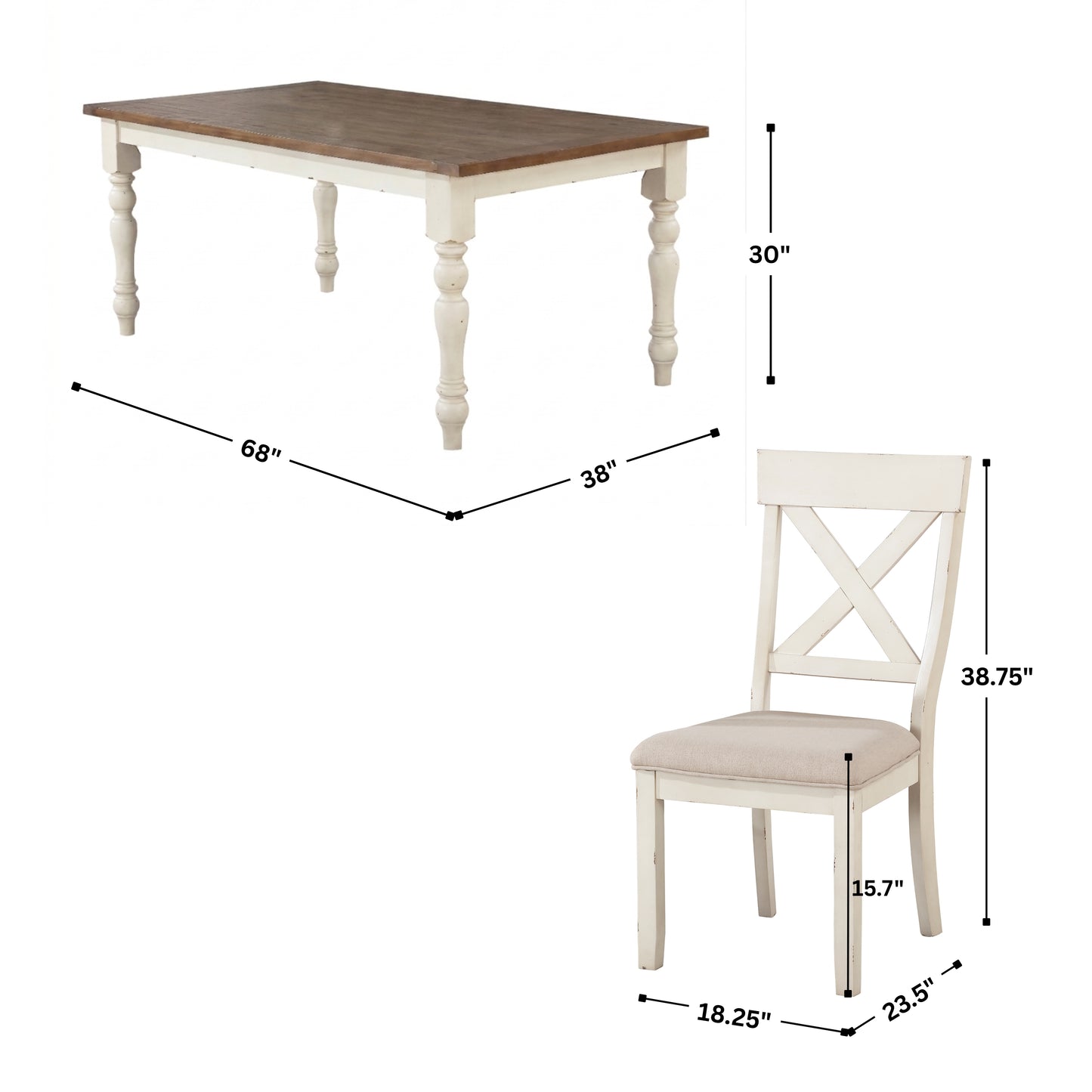 Prato 7-piece Dining Table Set With Cross Back Chairs, Antique White and Distressed Oak
