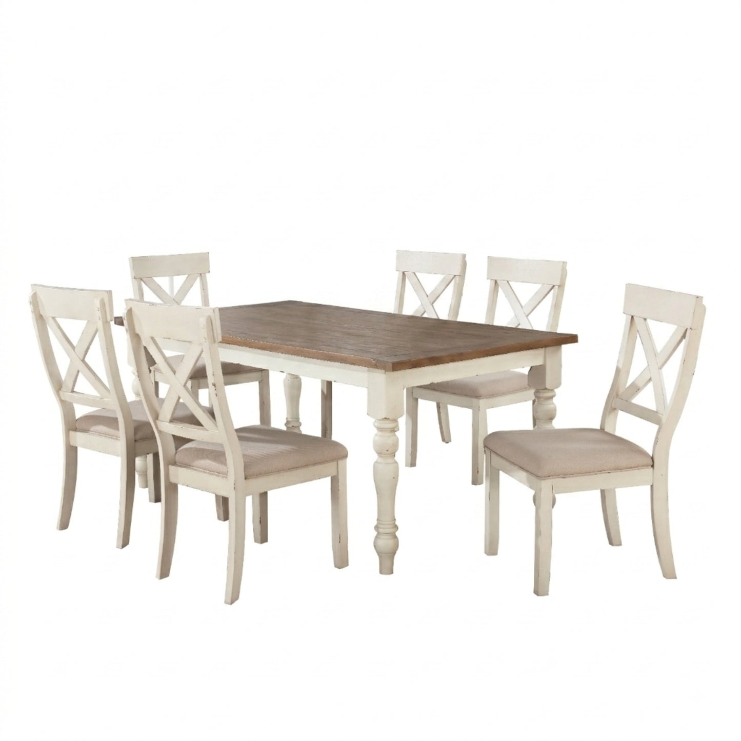 Prato 7-piece Dining Table Set With Cross Back Chairs, Antique White and Distressed Oak