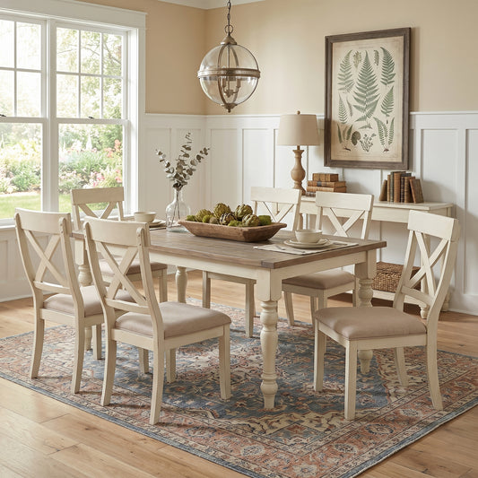Prato 7-piece Dining Table Set With Cross Back Chairs, Antique White and Distressed Oak