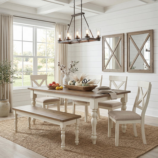 Prato 6-piece Dining Table Set With Cross Back Chairs and Bench, Antique White and Distressed Oak