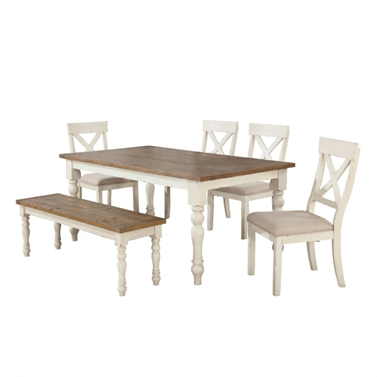 Prato 6-piece Dining Table Set With Cross Back Chairs and Bench, Antique White and Distressed Oak
