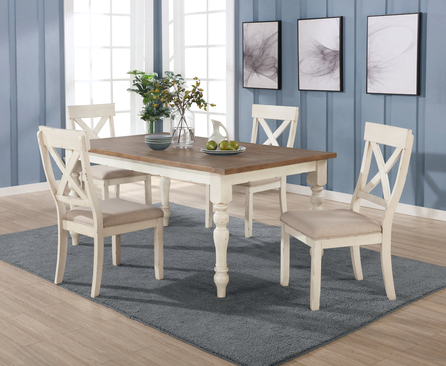 Prato 5-piece Dining Table Set With Cross Back Chairs, Antique White and Distressed Oak