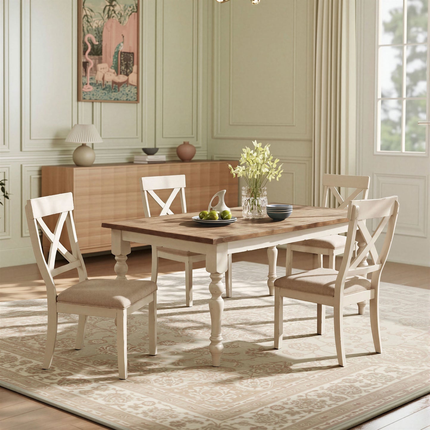 Prato 5-piece Dining Table Set With Cross Back Chairs, Antique White and Distressed Oak