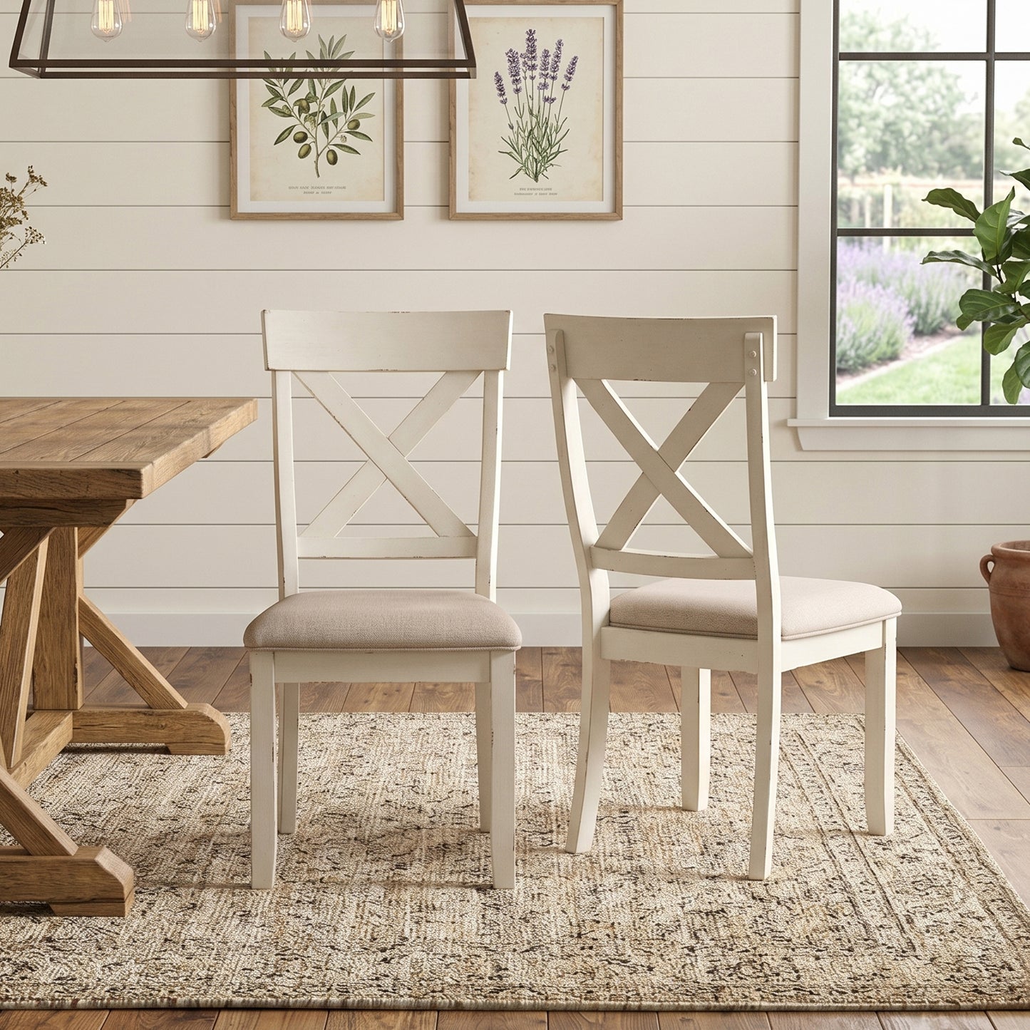 Prato 5-piece Dining Table Set With Cross Back Chairs, Antique White and Distressed Oak