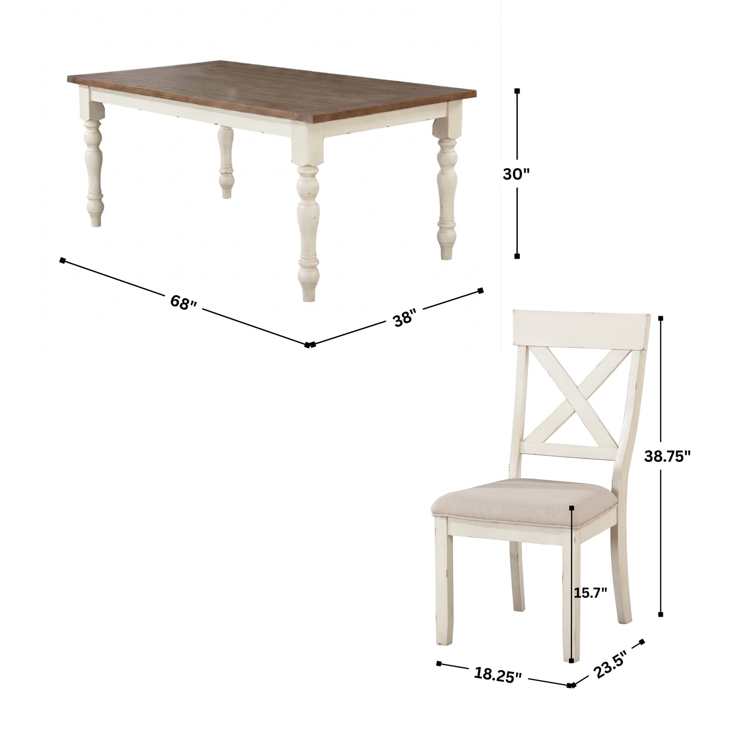 Prato 5-piece Dining Table Set With Cross Back Chairs, Antique White and Distressed Oak