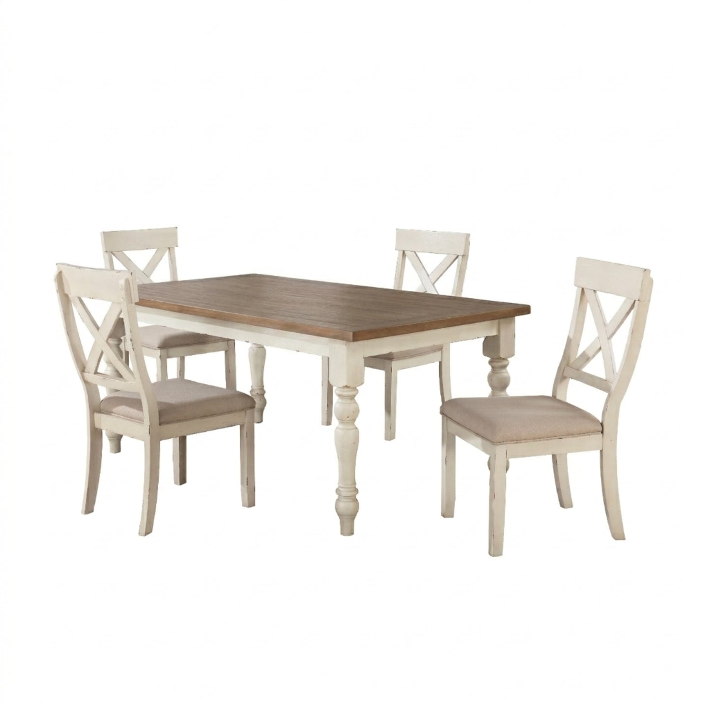Prato 5-piece Dining Table Set With Cross Back Chairs, Antique White and Distressed Oak
