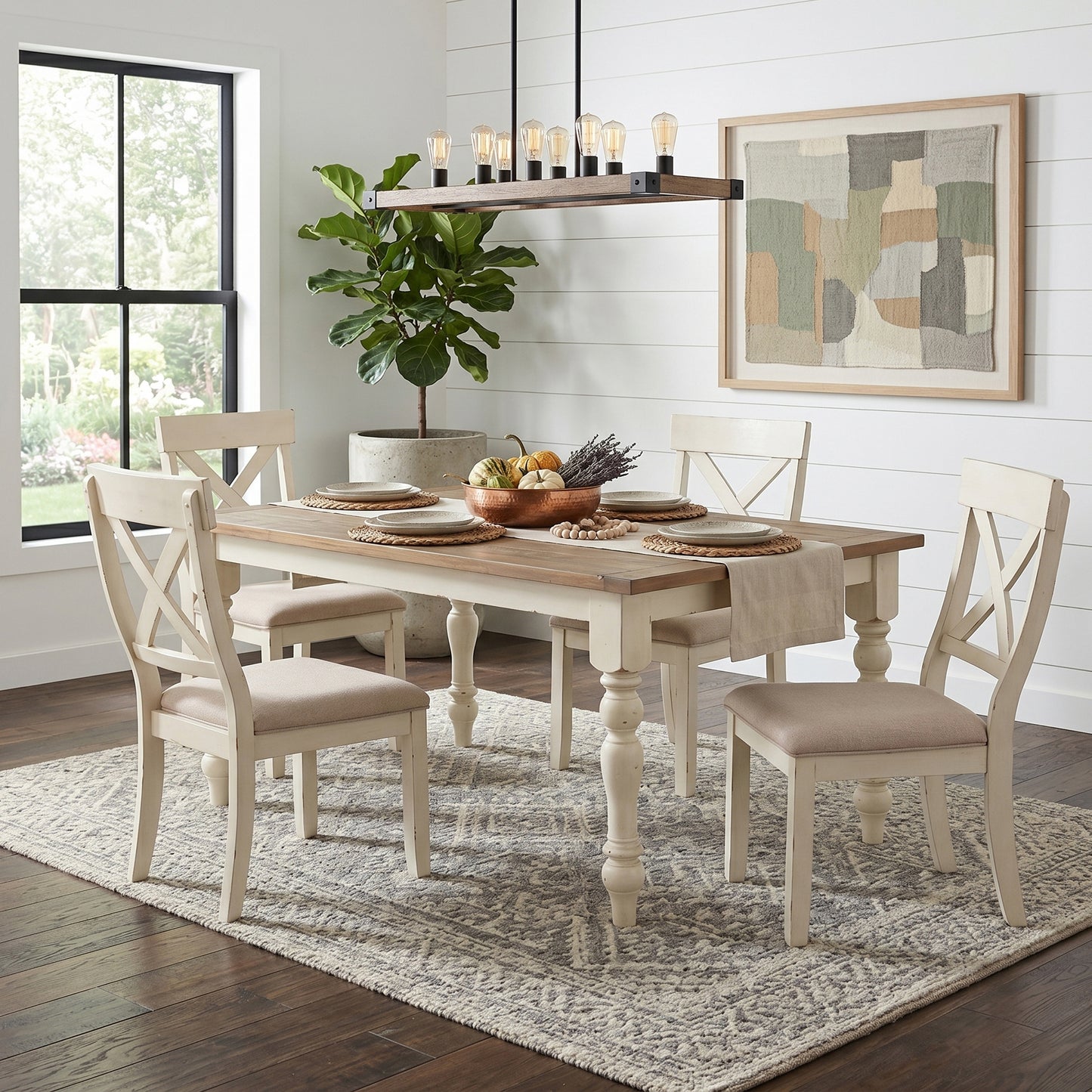 Prato Antique White and Distressed Oak Two-tone Finish Wood Dining Table