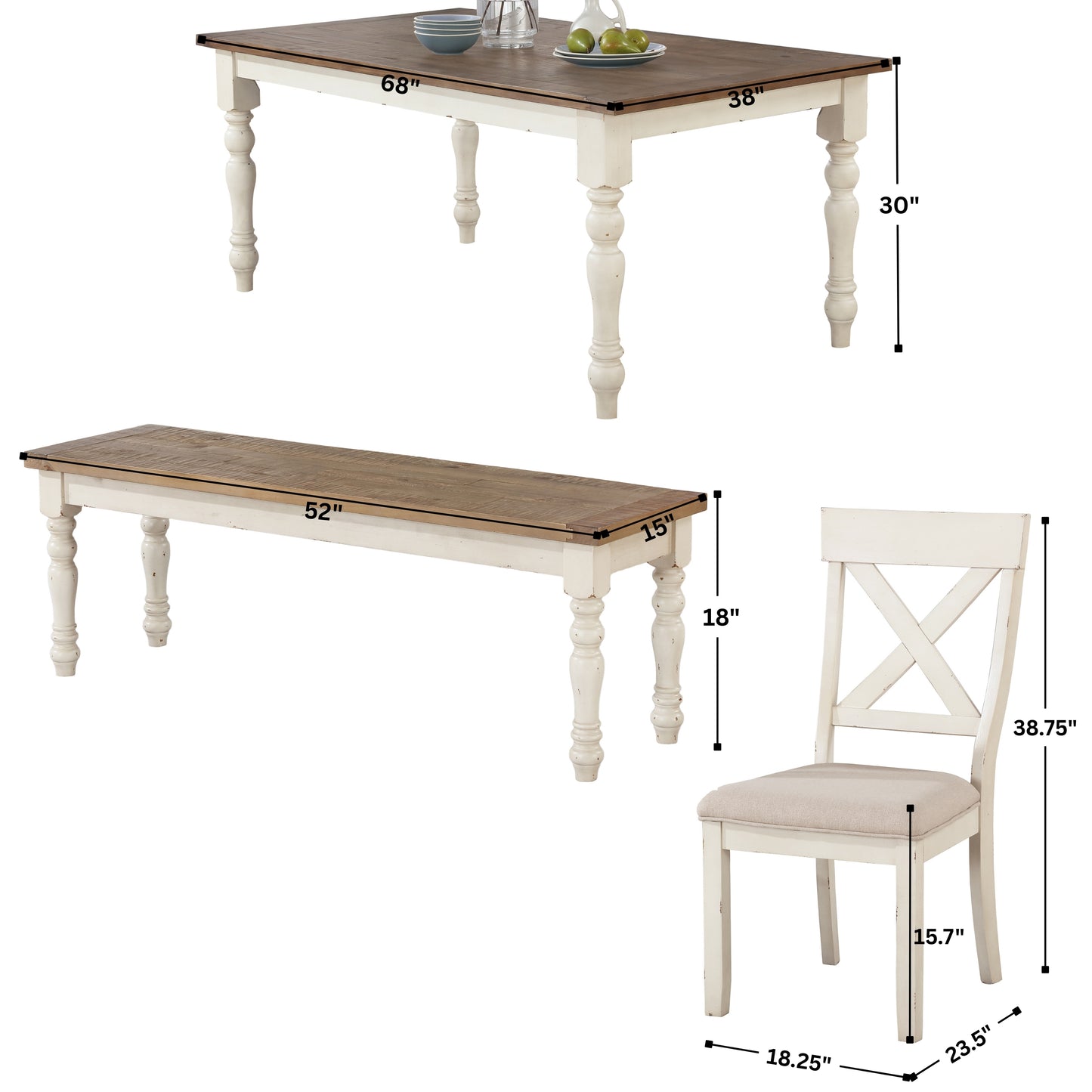 Prato 6-piece Dining Table Set With Cross Back Chairs and Bench, Antique White and Distressed Oak