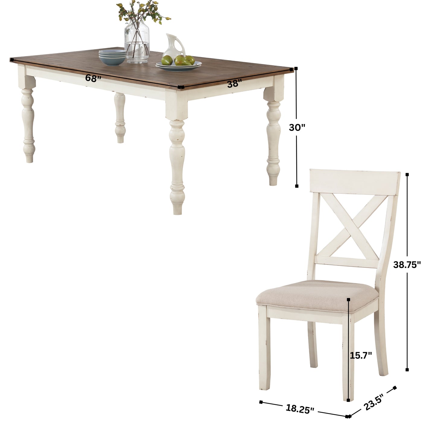 Prato 5-piece Dining Table Set With Cross Back Chairs, Antique White and Distressed Oak