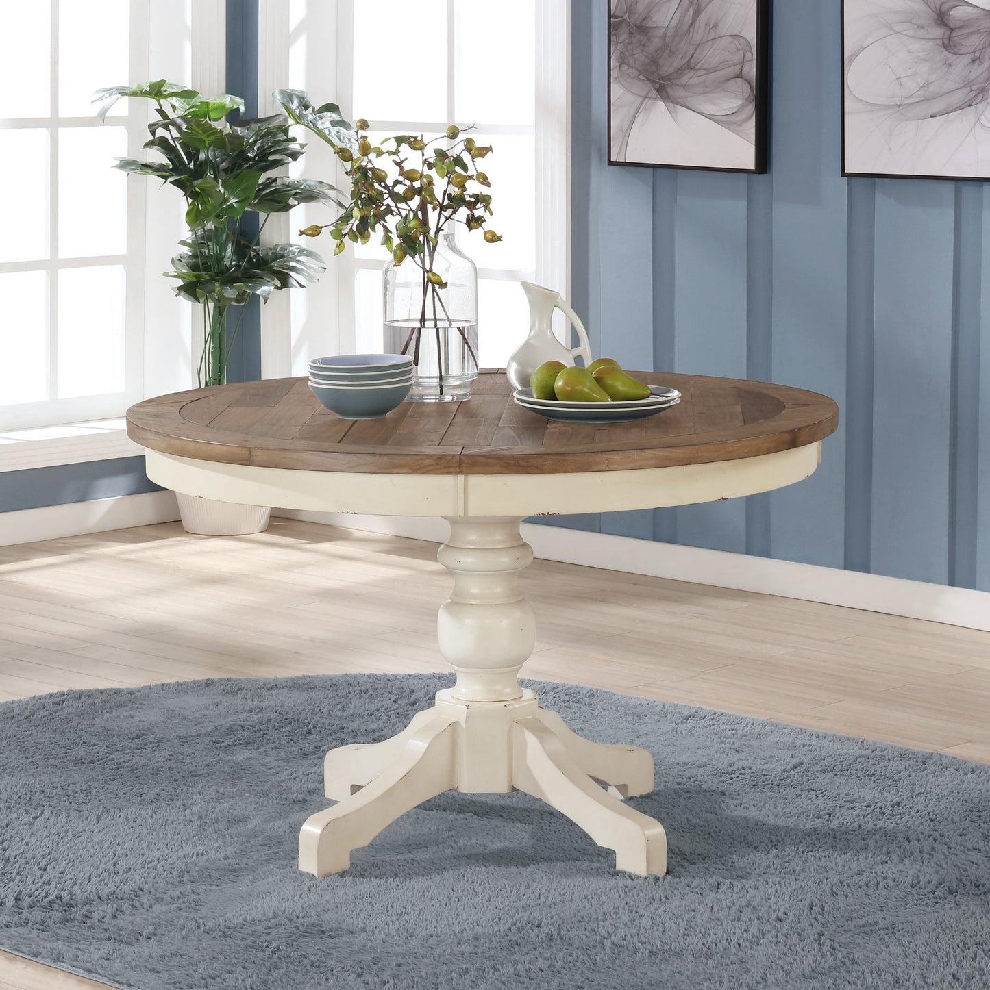 Prato 5-Piece Round Dining Table Set with Cross Back Chairs, Antique White and Distressed Oak