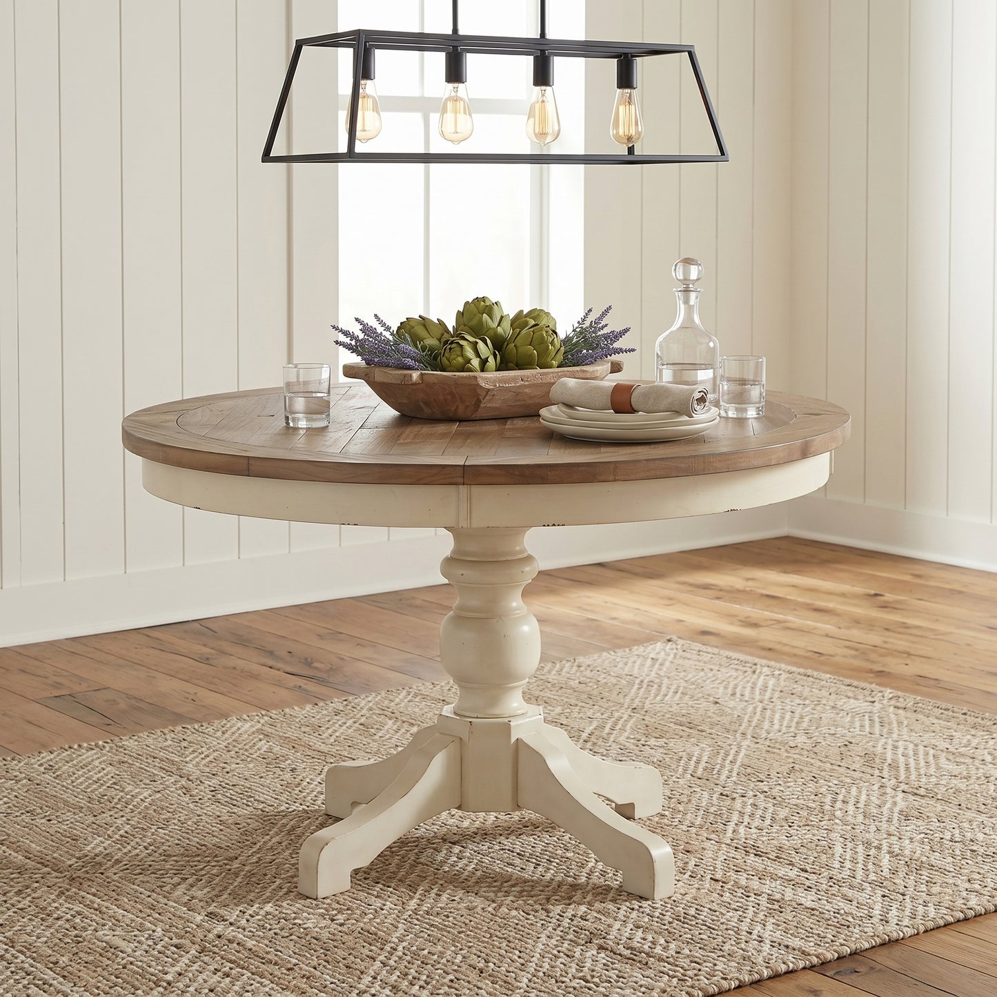Prato 5-Piece Round Dining Table Set with Cross Back Chairs, Antique White and Distressed Oak