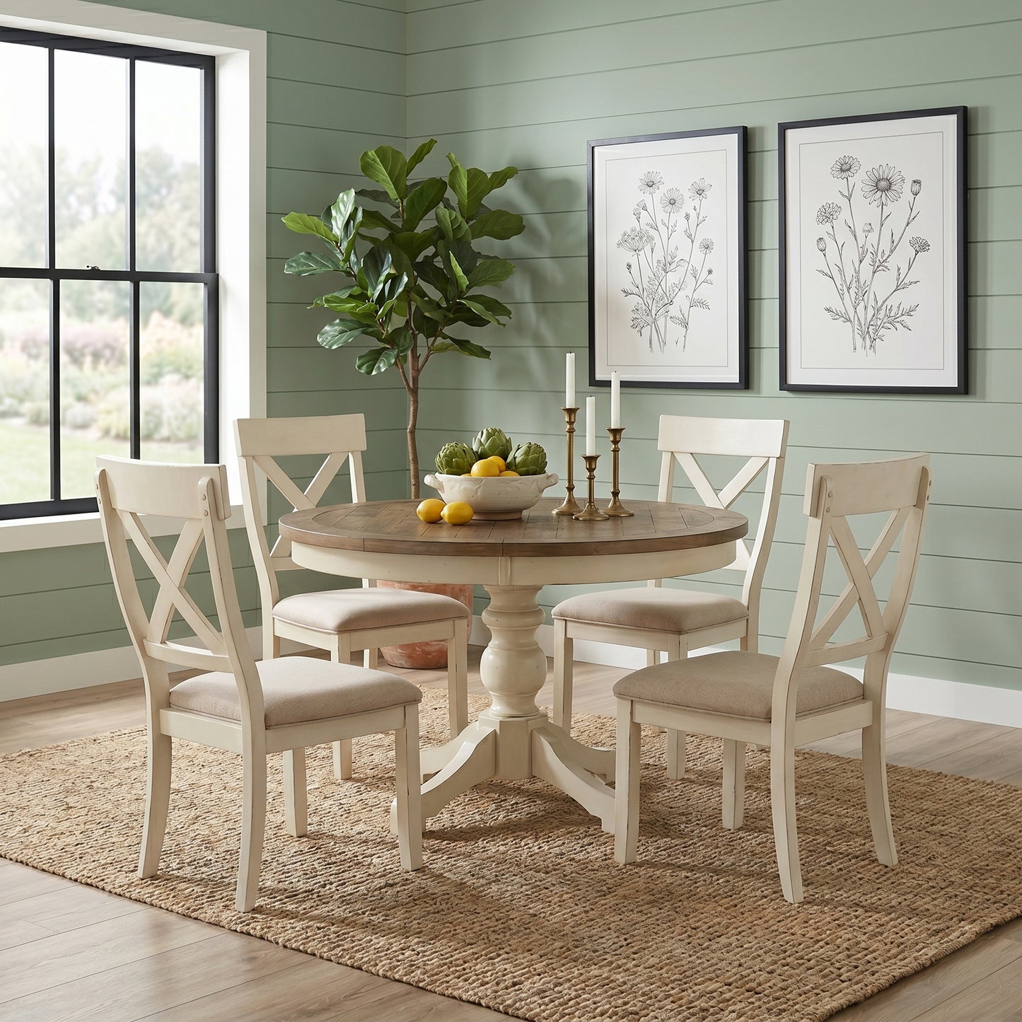 Prato 5-Piece Round Dining Table Set with Cross Back Chairs, Antique White and Distressed Oak