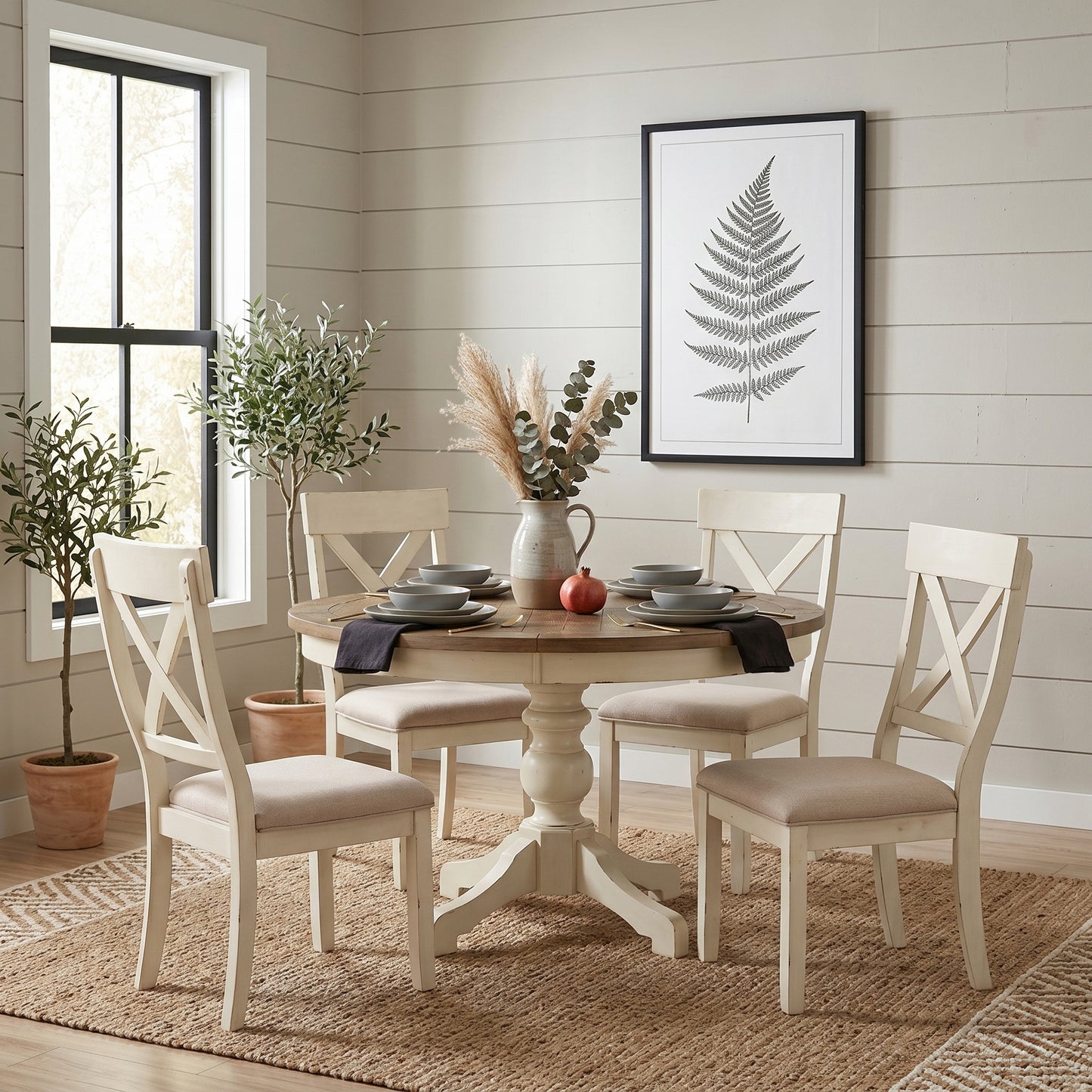 Prato 5-Piece Round Dining Table Set with Cross Back Chairs, Antique White and Distressed Oak