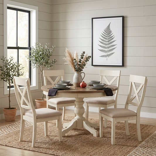 Prato 5-Piece Round Dining Table Set with Cross Back Chairs, Antique White and Distressed Oak