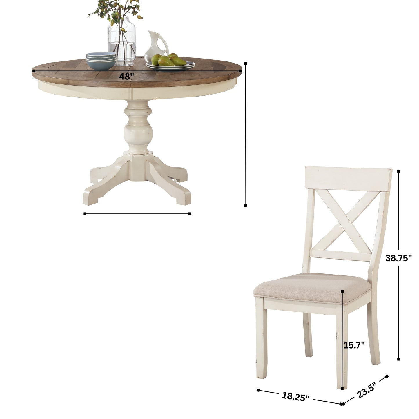 Prato 5-Piece Round Dining Table Set with Cross Back Chairs, Antique White and Distressed Oak