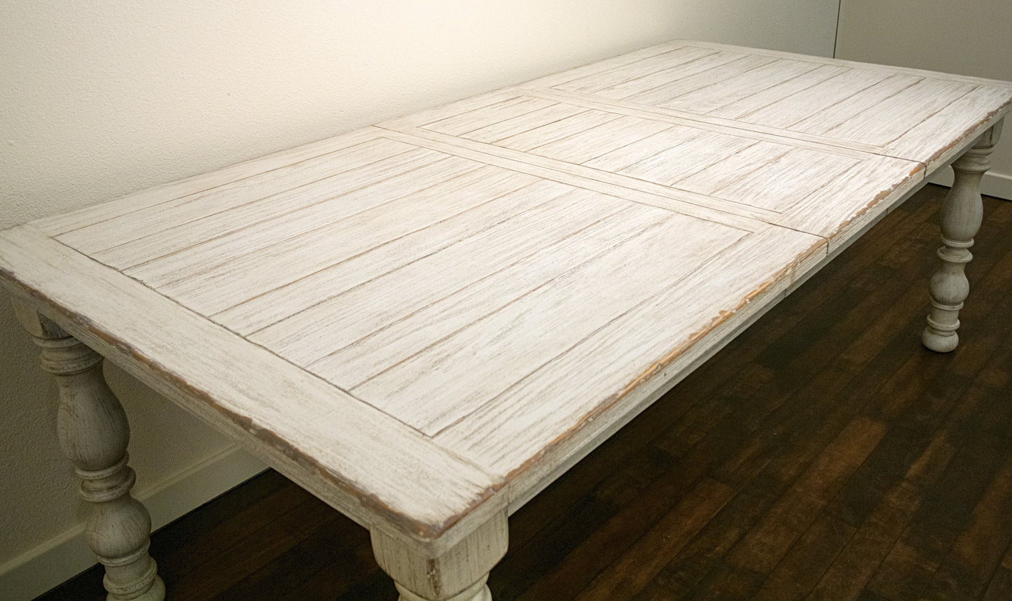 Trani Weathered Worn White Wood Dining Table with Extension Leaf