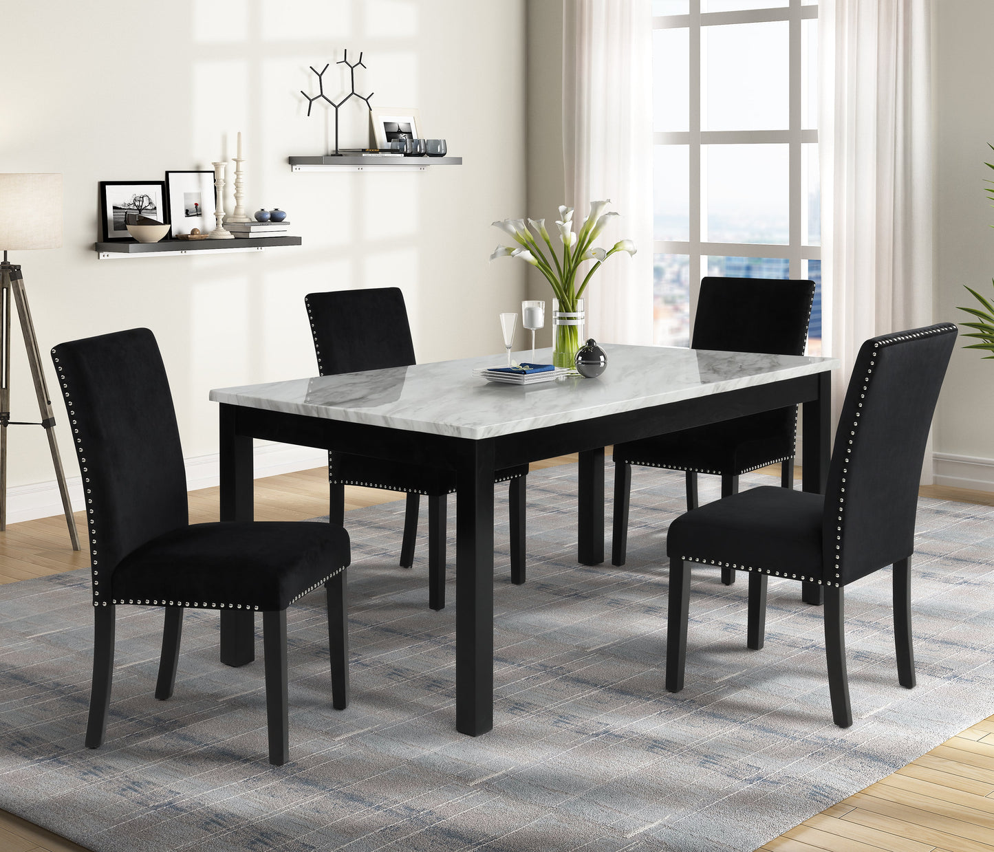 Cobre Contemporary Faux Marble Dining Table with 4 Velvet Nailhead Trim Dining Chairs, Black