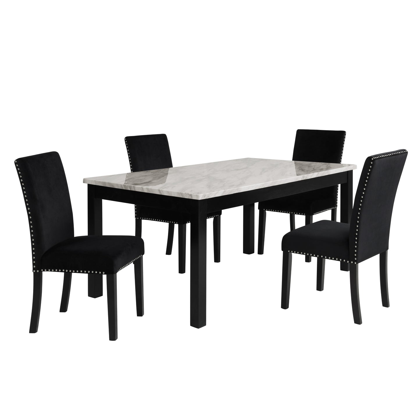 Cobre Contemporary Faux Marble Dining Table with 4 Velvet Nailhead Trim Dining Chairs, Black