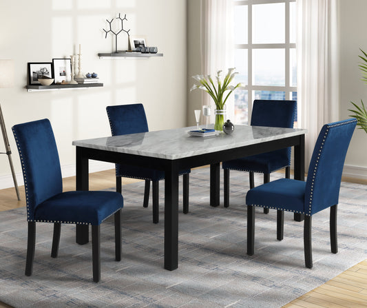 Cobre Contemporary Faux Marble Dining Table with 4 Velvet Nailhead Trim Dining Chairs, Blue