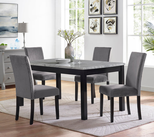 Cobre Contemporary Faux Marble Dining Table with 4 Velvet Nailhead Trim Dining Chairs, Gray