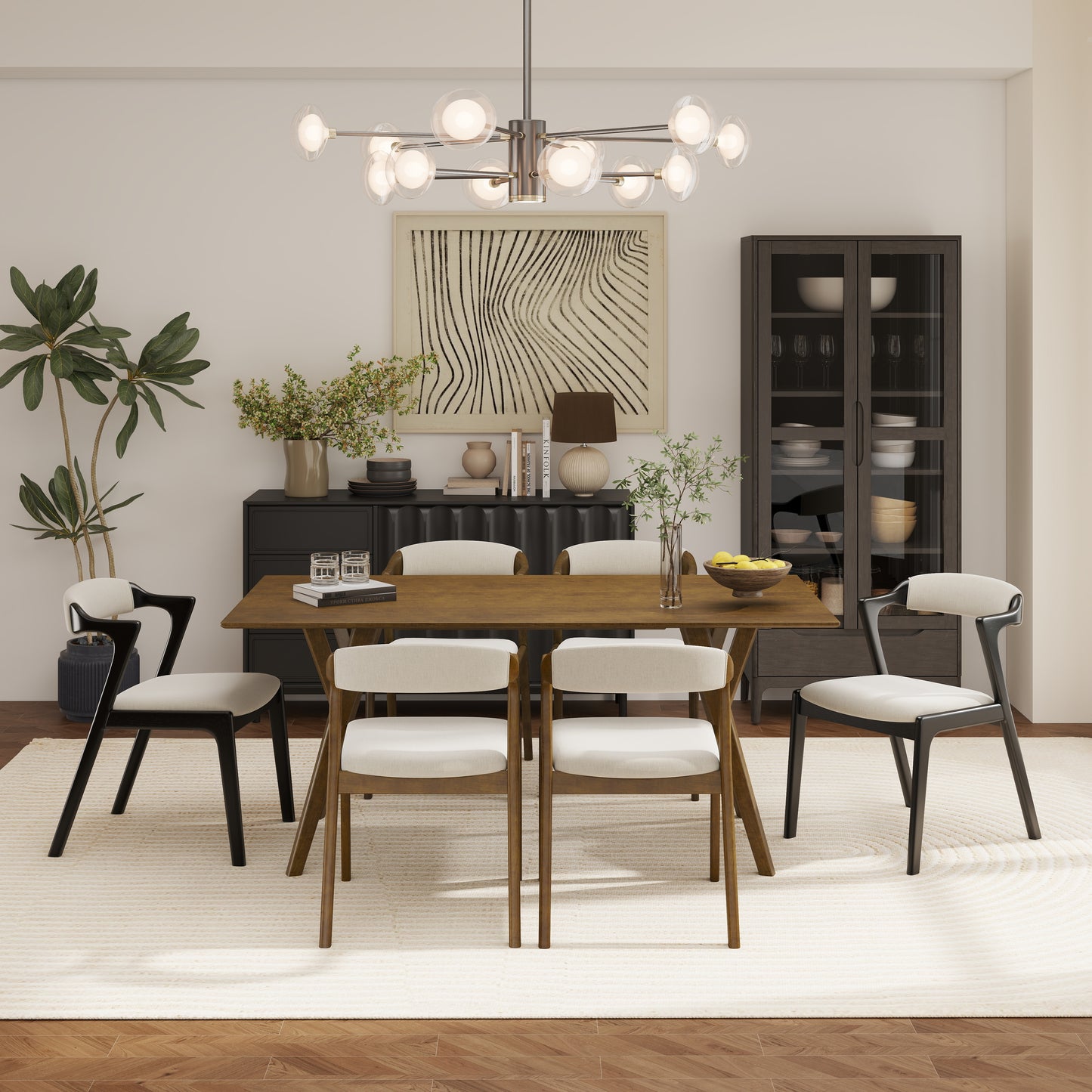 Roundhill Furniture Lavin Modern 5-Piece Dining Set, Dining Table with 2 Walnut and 2 Black Chairs