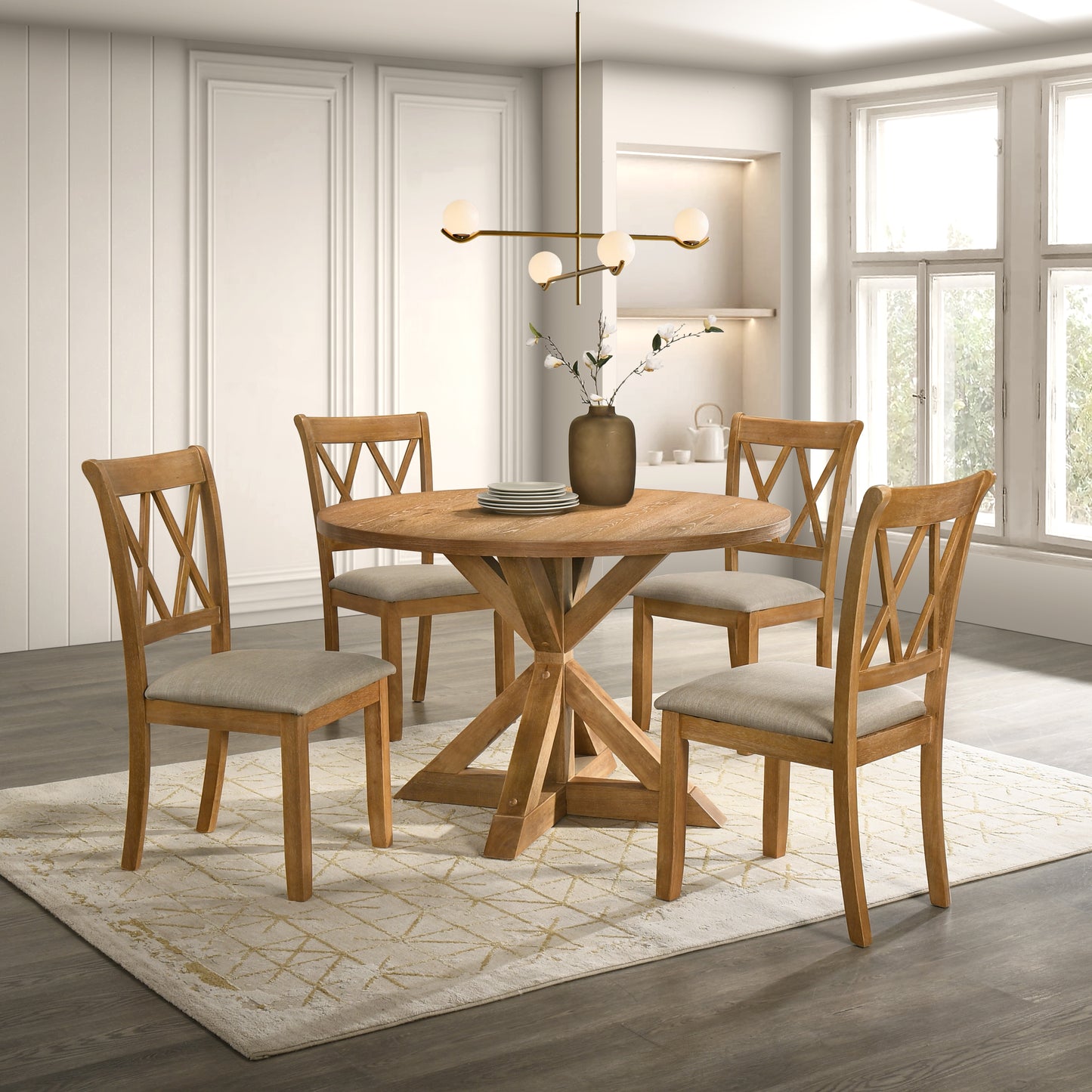 Roundhill Furniture Windvale Cross-Buck Wood 5-Piece Dining Set