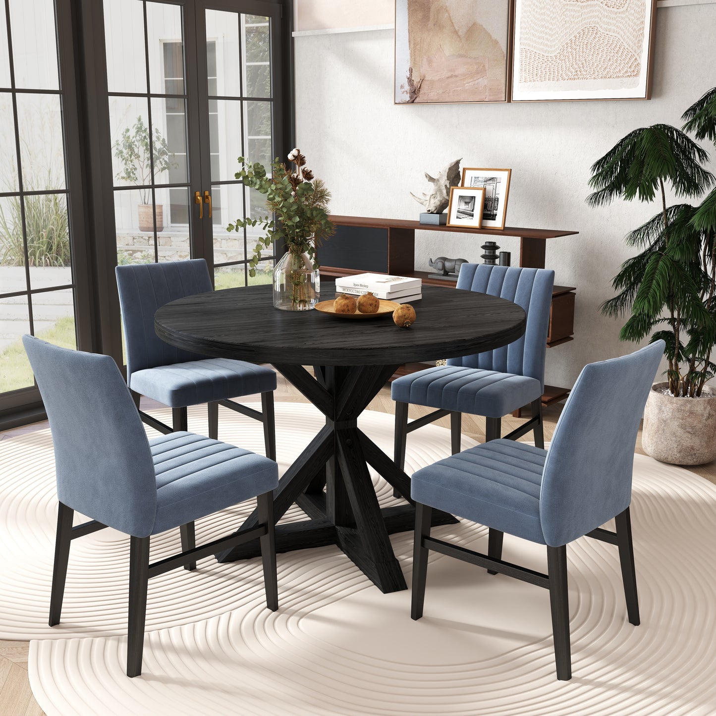 Walton 5-Piece Round Dining Set, Cross-Buck Round Table with 4 Side Chairs