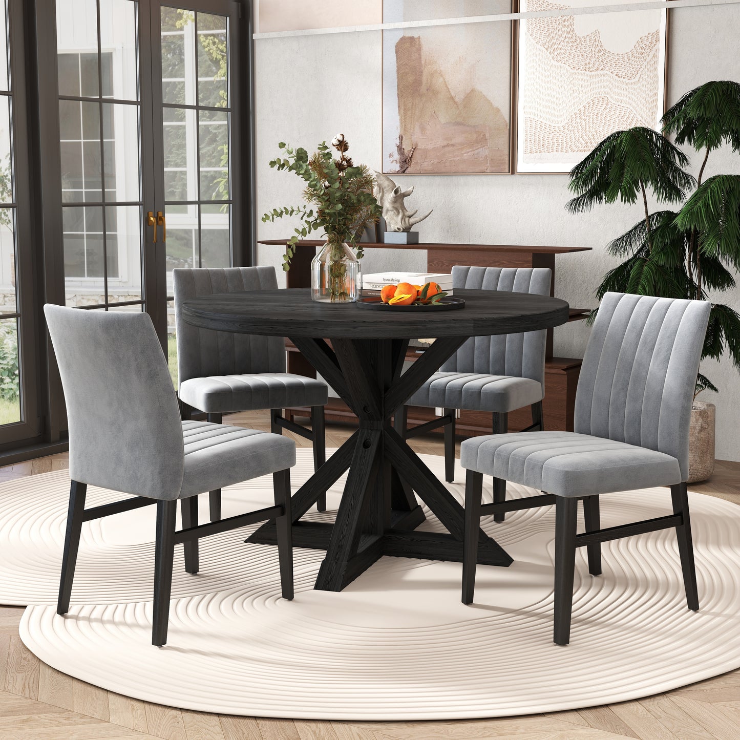 Walton 5-Piece Round Dining Set, Cross-Buck Round Table with 4 Side Chairs