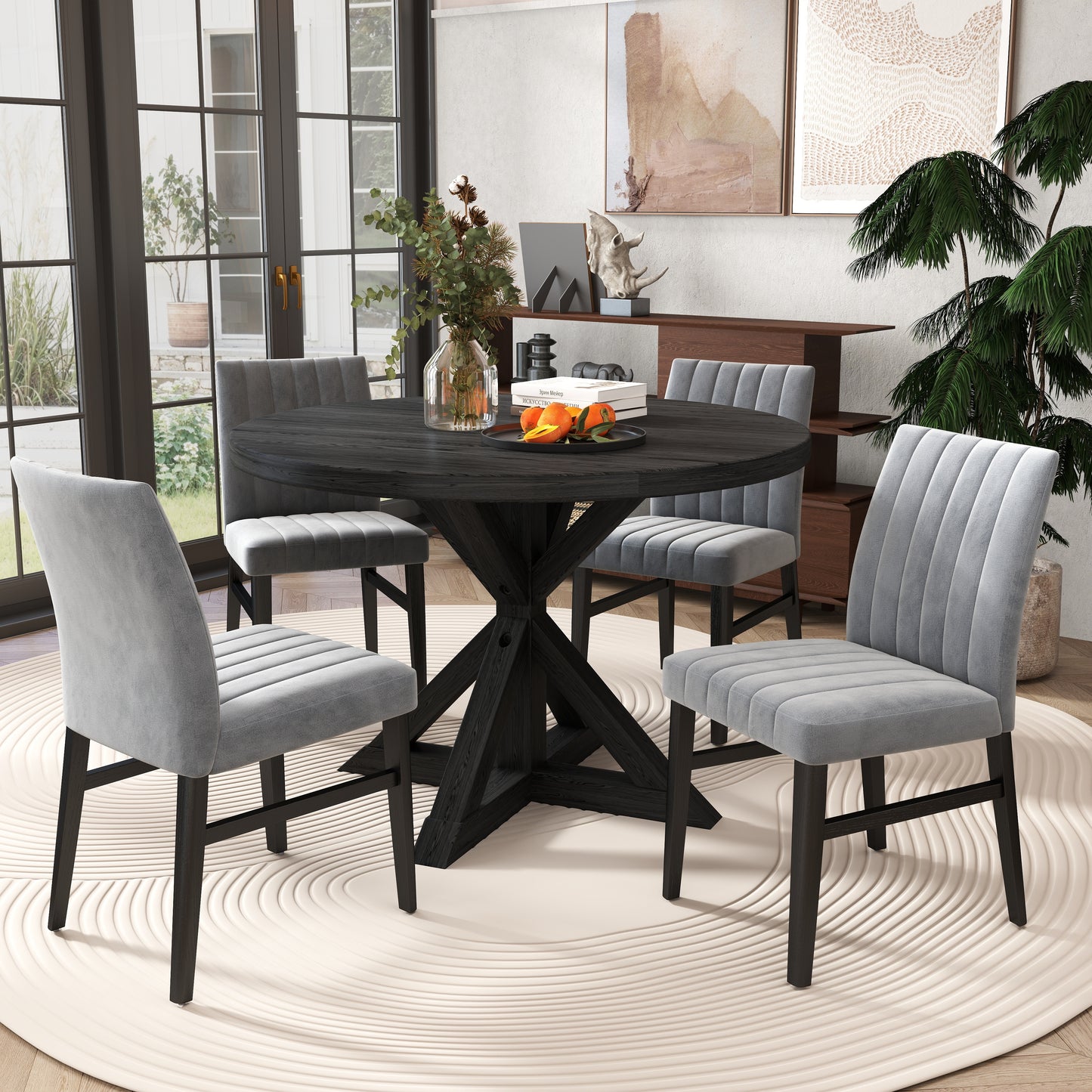 Walton 5-Piece Round Dining Set, Cross-Buck Round Table with 4 Side Chairs