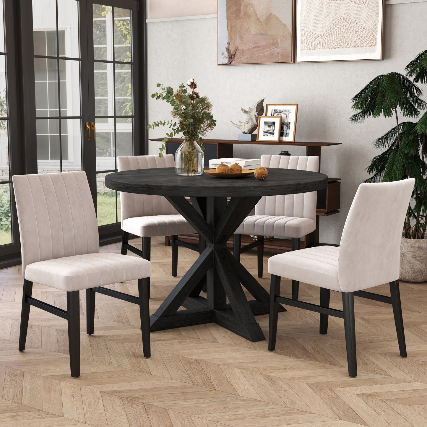 Walton 5-Piece Round Dining Set, Cross-Buck Round Table with 4 Side Chairs