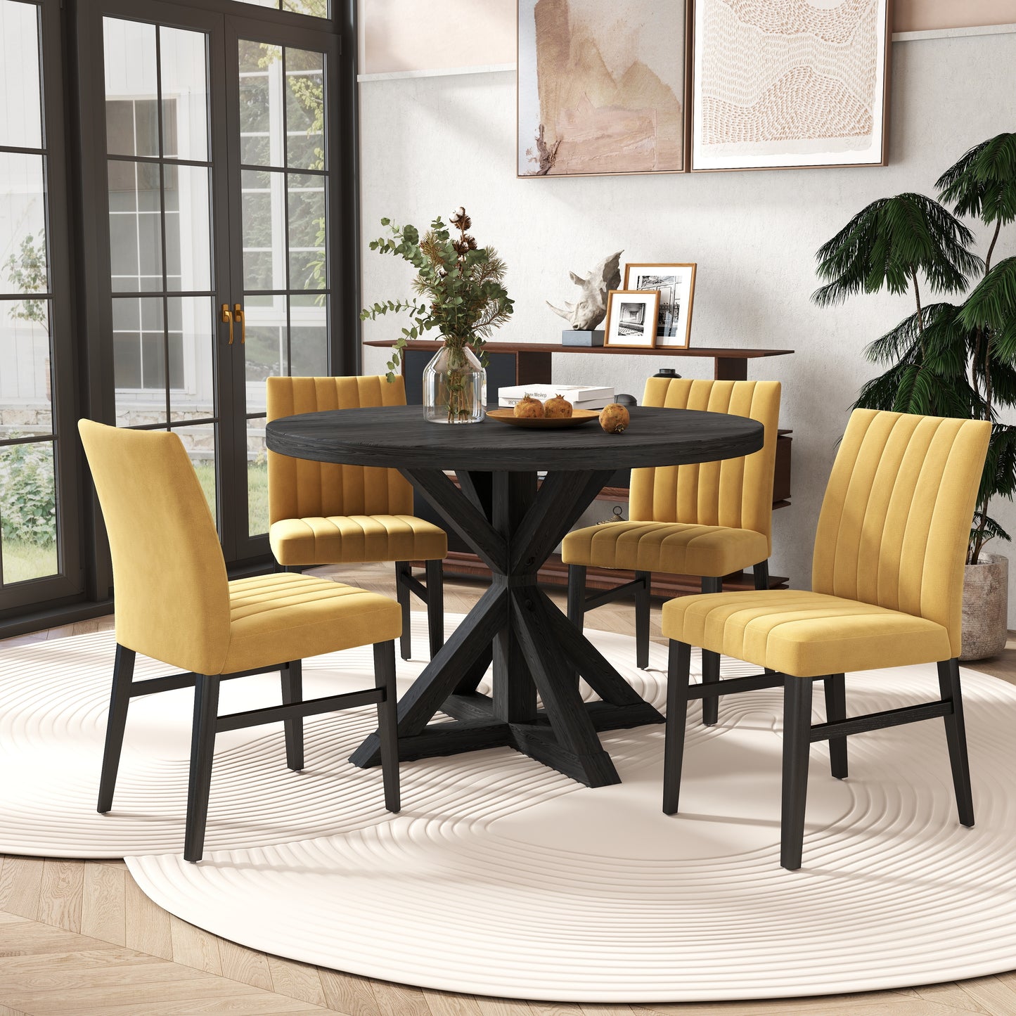 Walton 5-Piece Round Dining Set, Cross-Buck Round Table with 4 Side Chairs