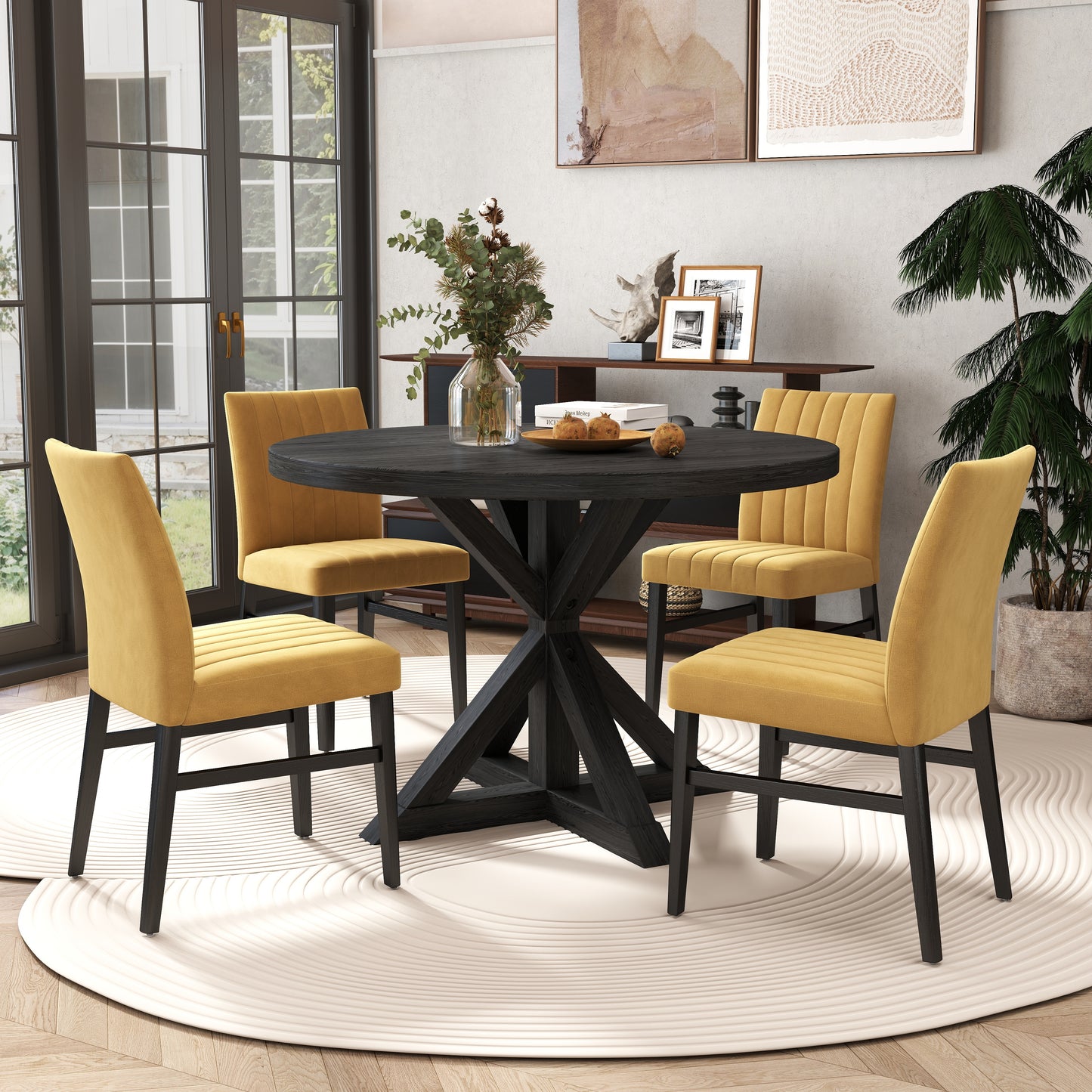 Walton 5-Piece Round Dining Set, Cross-Buck Round Table with 4 Side Chairs